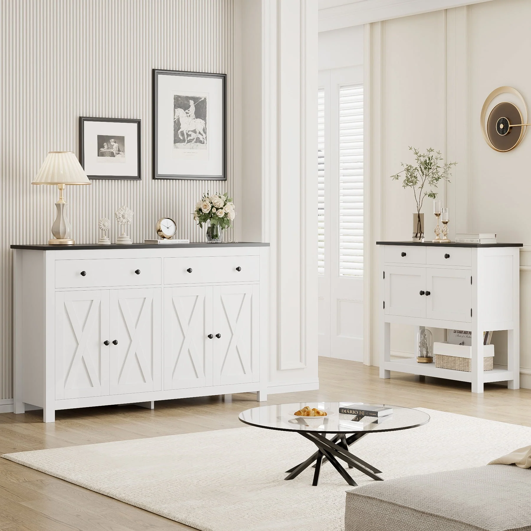 Homfa 4-Doors 2-Drawers Farmhouse Storage Cabinet, Wood Sideboard with Adjustable Shelves for Kitchen Dining Room, White - Womvr