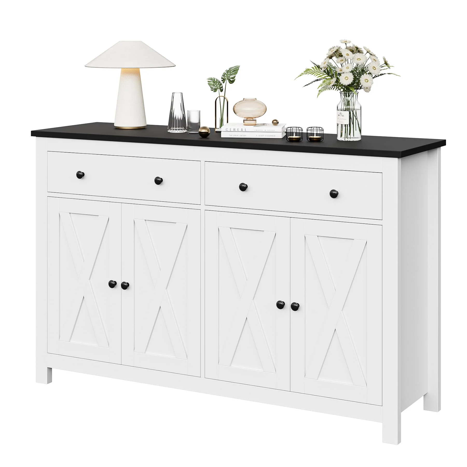 Homfa 4-Doors 2-Drawers Farmhouse Storage Cabinet, Wood Sideboard with Adjustable Shelves for Kitchen Dining Room, White - Womvr
