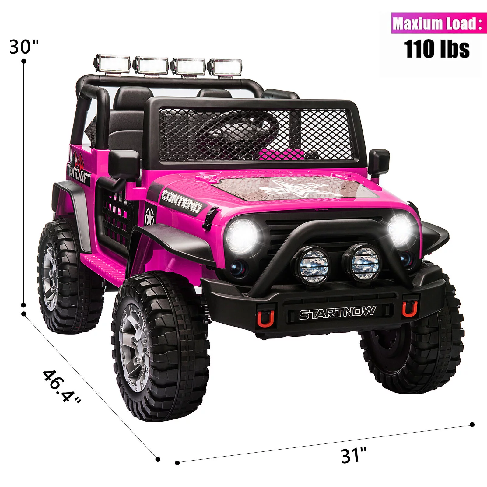 PWFE 12 Volt Kids Electric Car Kids Ride On Car with Remote Control, 2 Seats Kids Jeep with LED Lights, Wheels Suspension, Music, Horn, 110lbs Load(Pink) - Womvr