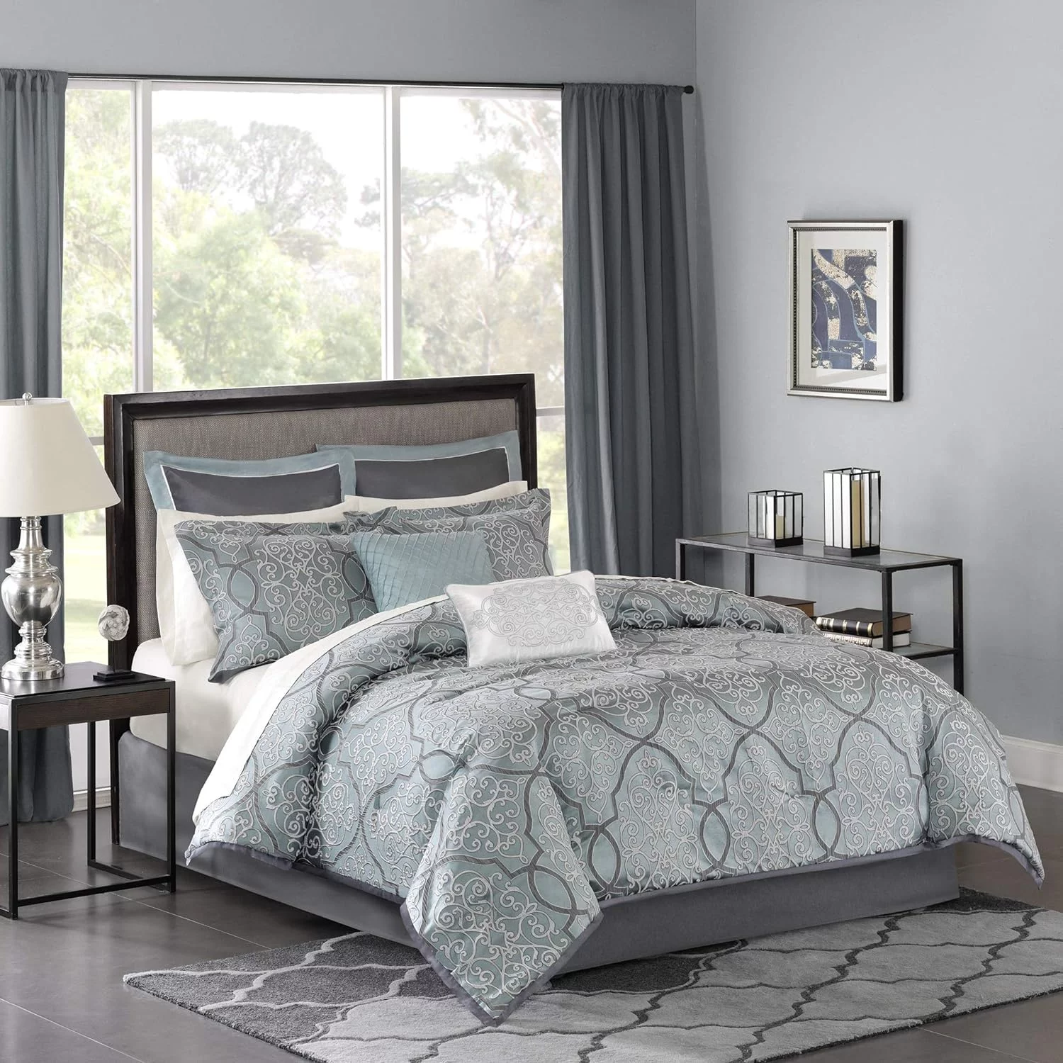 Lavine Cozy Bed In A Bag Comforter Set. Traditional Luxe Jacquard Design All Season Down Alternative Bedding With Cotton Bed Sheets. Bed Skirt & Pillows. California King Blue 12 Piece - Womvr