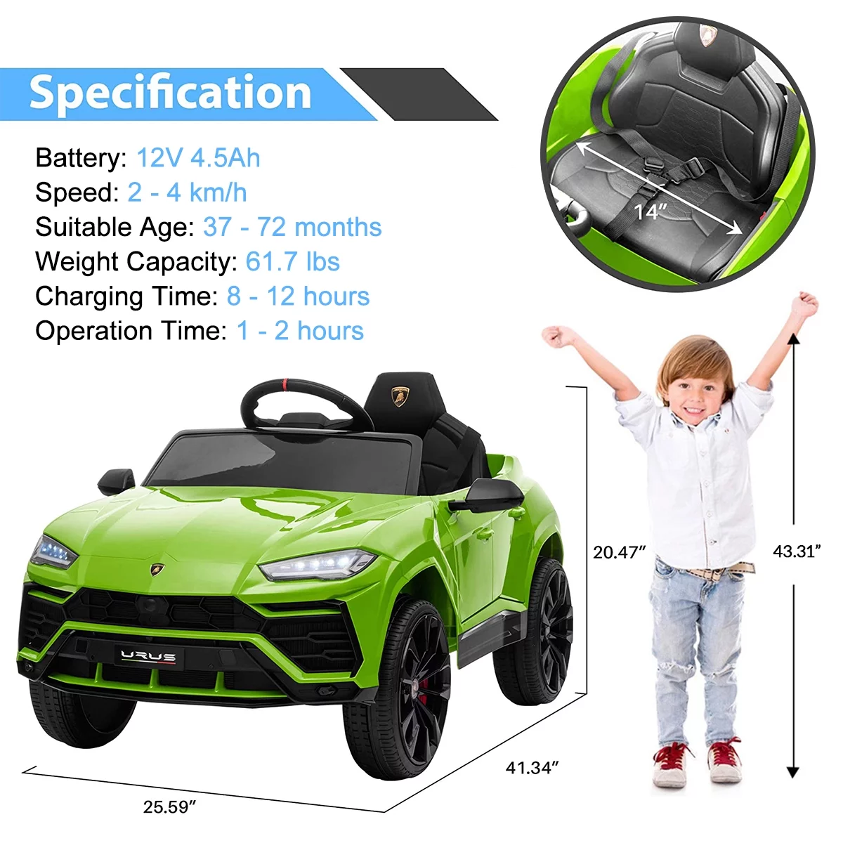 FUNTOK Lamborghini Urus 12V Electric Powered Ride on Car for Kids, with Remote Control, Foot Pedal, MP3 Player and LED Headlights - Womvr