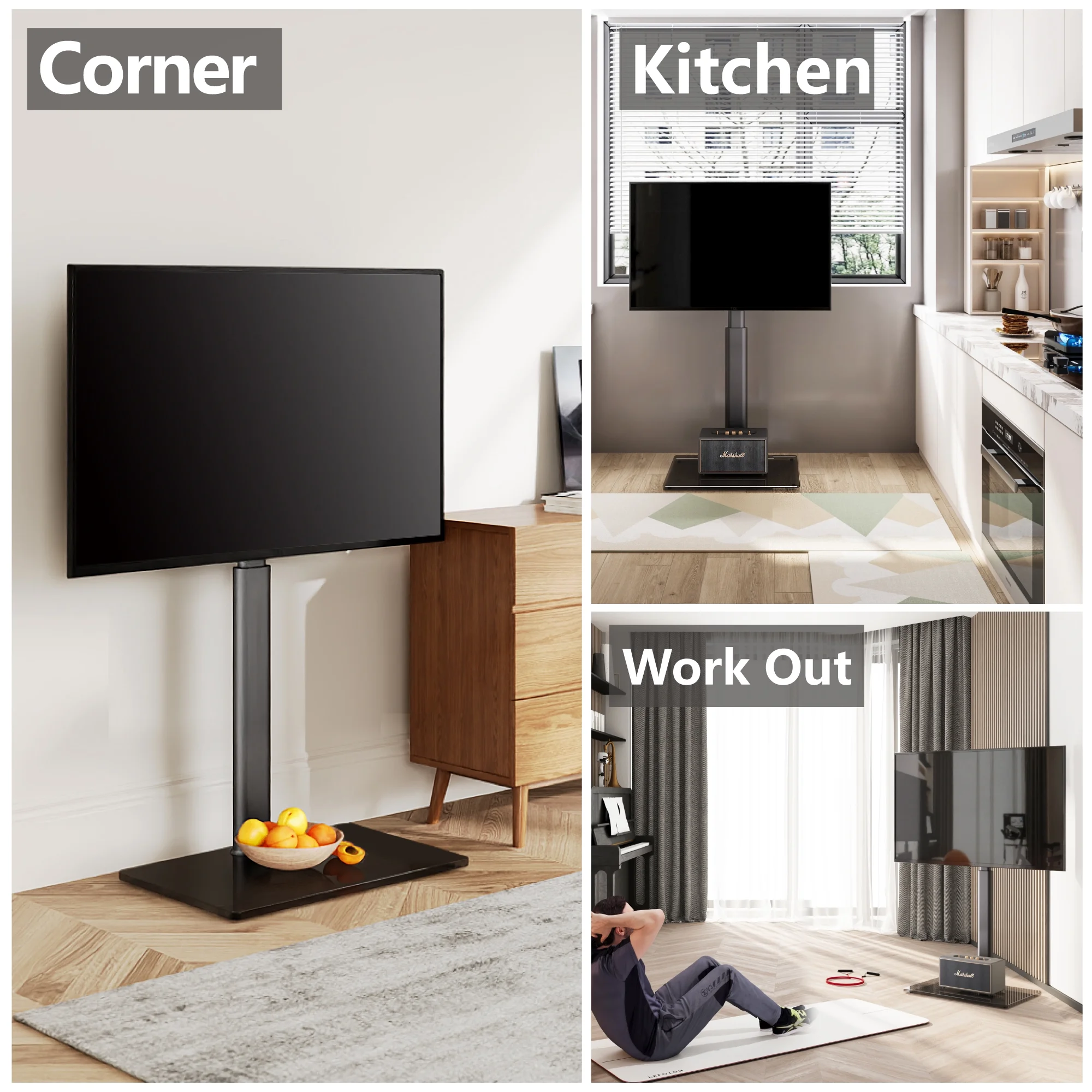 FITUEYES Tempered Glass Base Floor TV Stand 32-65 Inch, Height adjustable,Swivel TV Stand with Mount,Black - Womvr