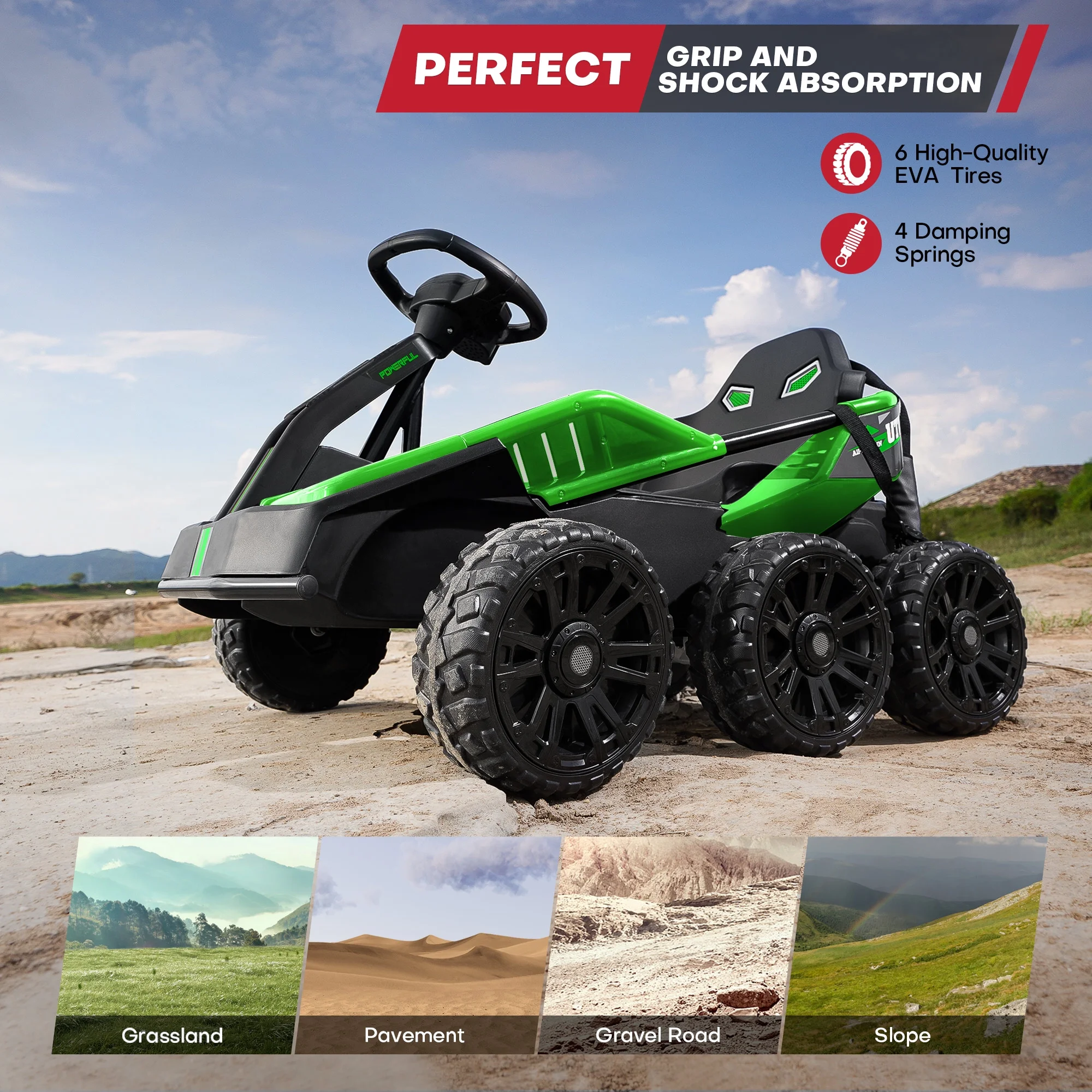 Teoayeah 24V Ride on Toys for Kids Ages 3-10, 2WD/4WD Switch, 4x75W Powerful Electric Car, 4 Shock Absorbers, Parent Remote, Music Player - Green - Womvr