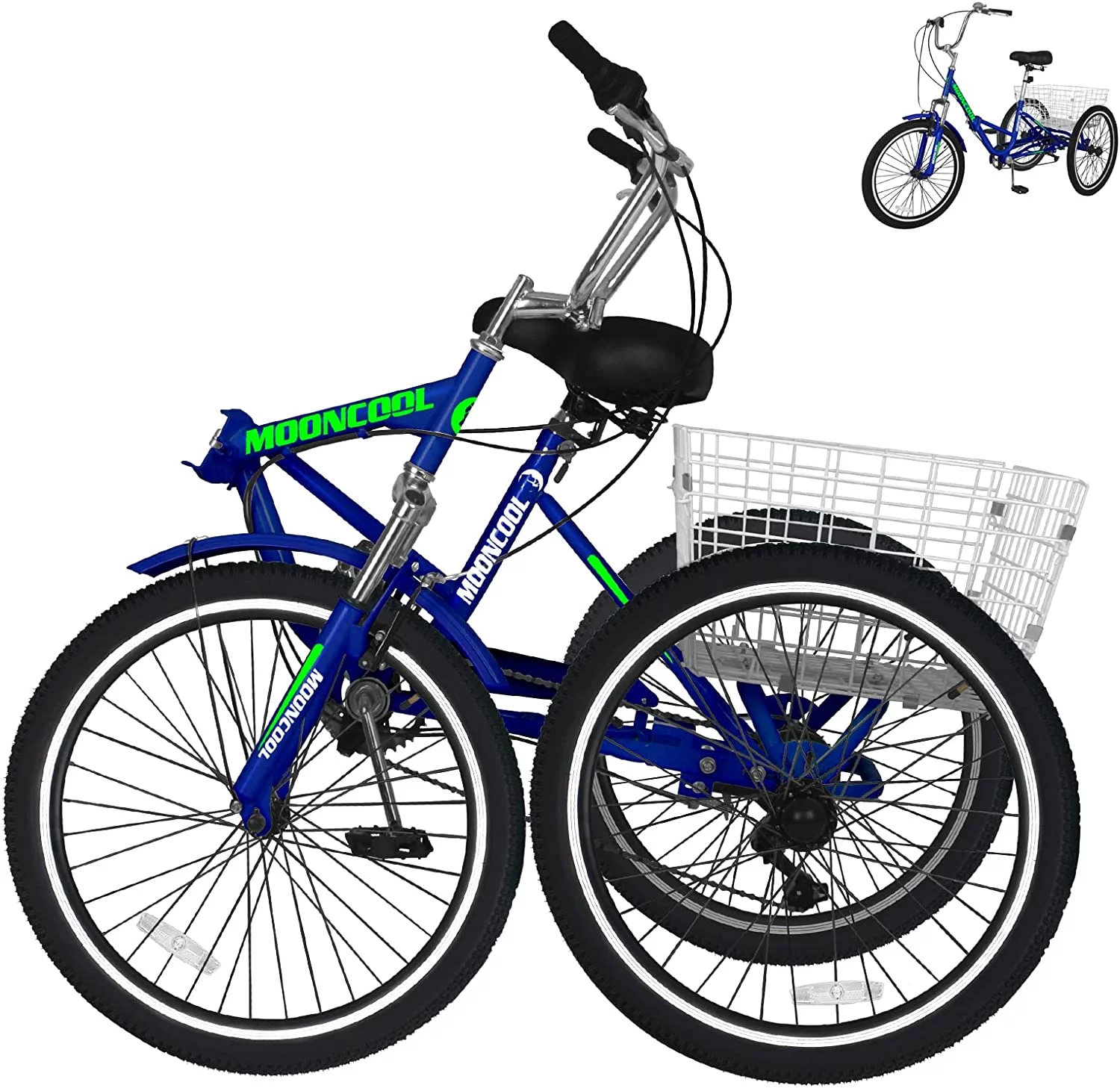 MOONCOOL Adult Folding Tricycle, 7 Speed 20/24/26 inch Adult Tricycles, Three Wheel Bike Cruiser Trike with Large Basket - Womvr