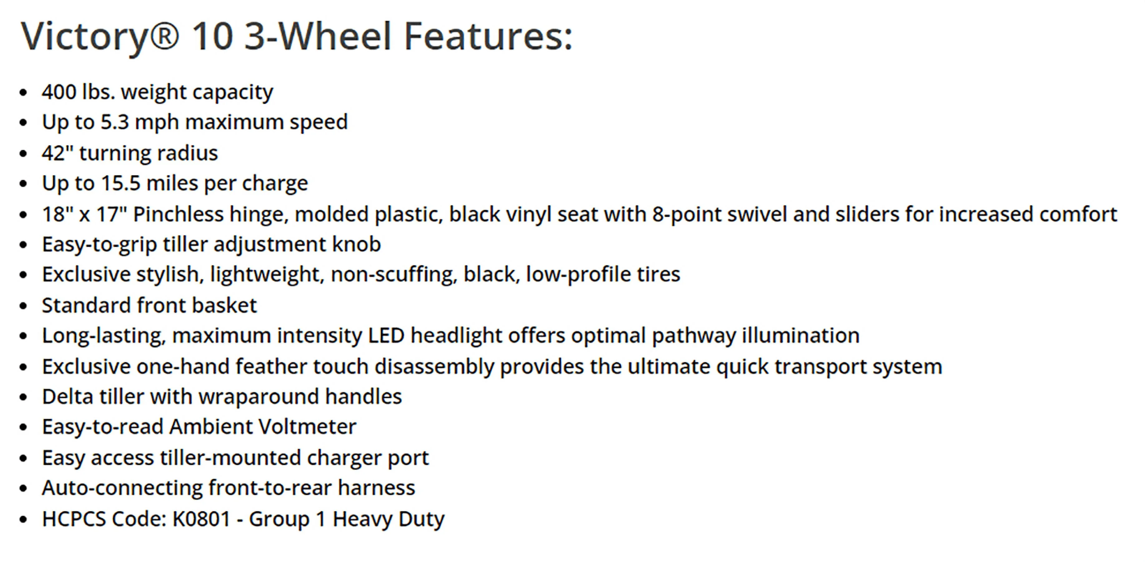 Pride Victory 10 3-Wheel Heavy Duty Mobility Scooter, 400 Lbs. Weight Capacity, With 5-Year Extended Warranty - Womvr