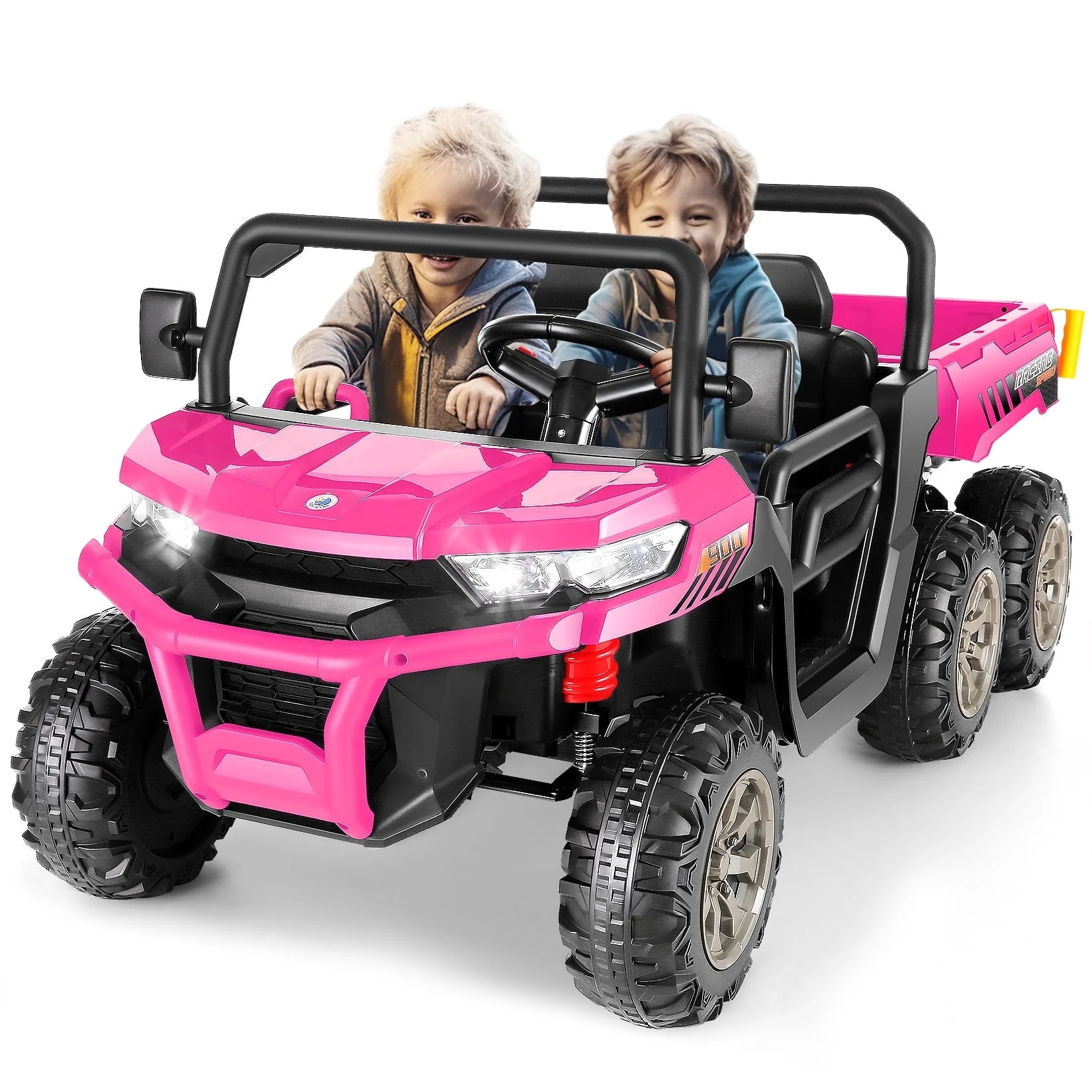Funcid 24 V 4WD Kids Kids Ride on UTV with Remote Control, 2 Seater 6-Wheel Ride on Dump Truck Car, Ride on Toys w/ Tipping Bucket Trailer & Shovel,Bluetooth Music, Black - Womvr