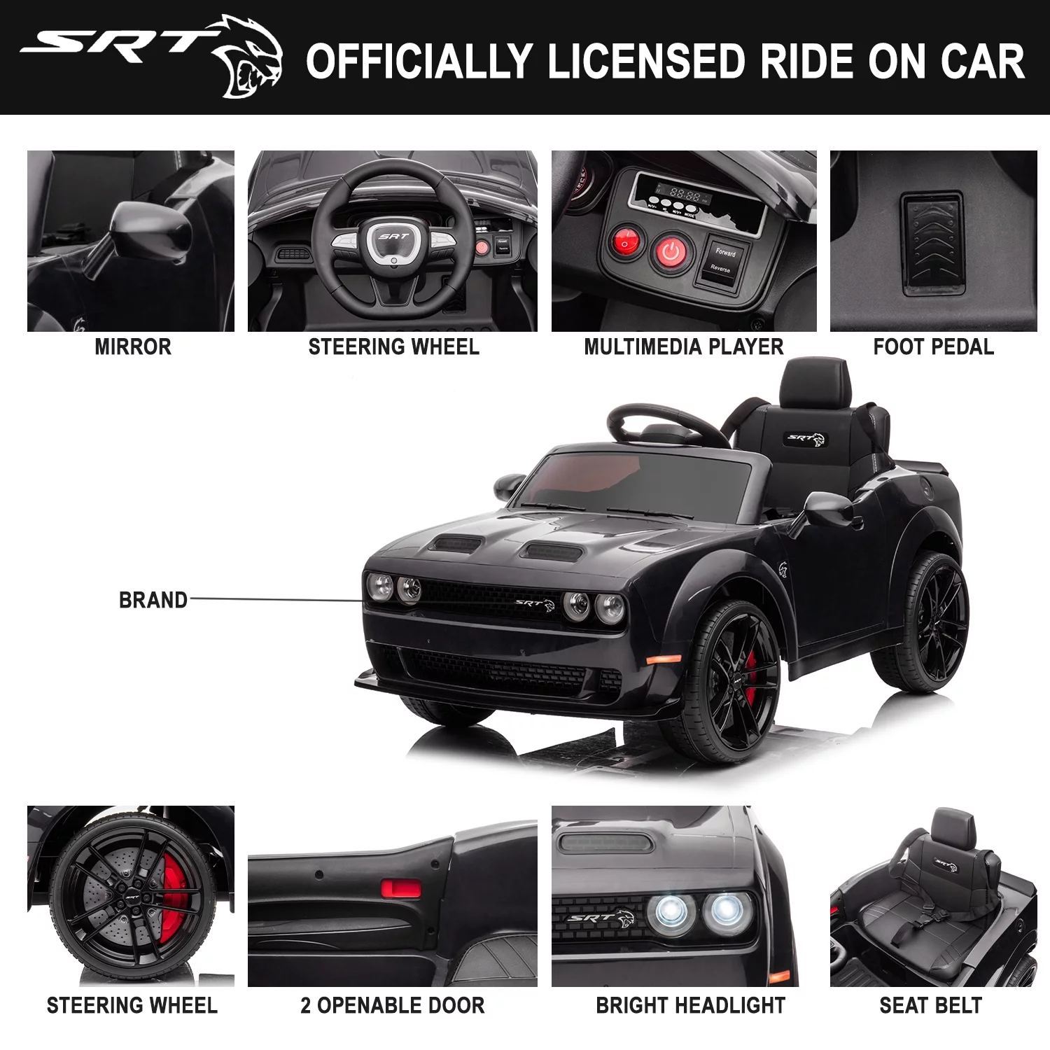 Dodge Challenger 12 V Powered Ride On Car with Remote Control, SRT Hellcat Toys for Kids, Black - Womvr