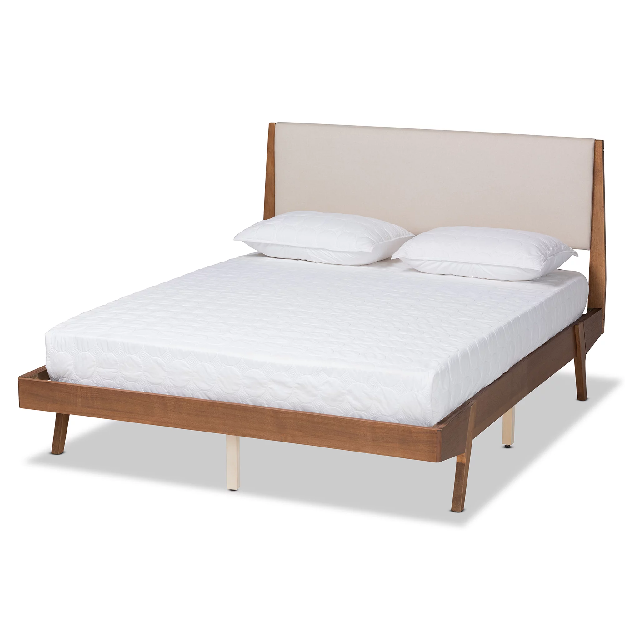 Baxton Studio Sennae Mid-Century Modern Beige Fabric Upholstered and Walnut Brown Finished Wood Queen Size Platform Bed - Womvr