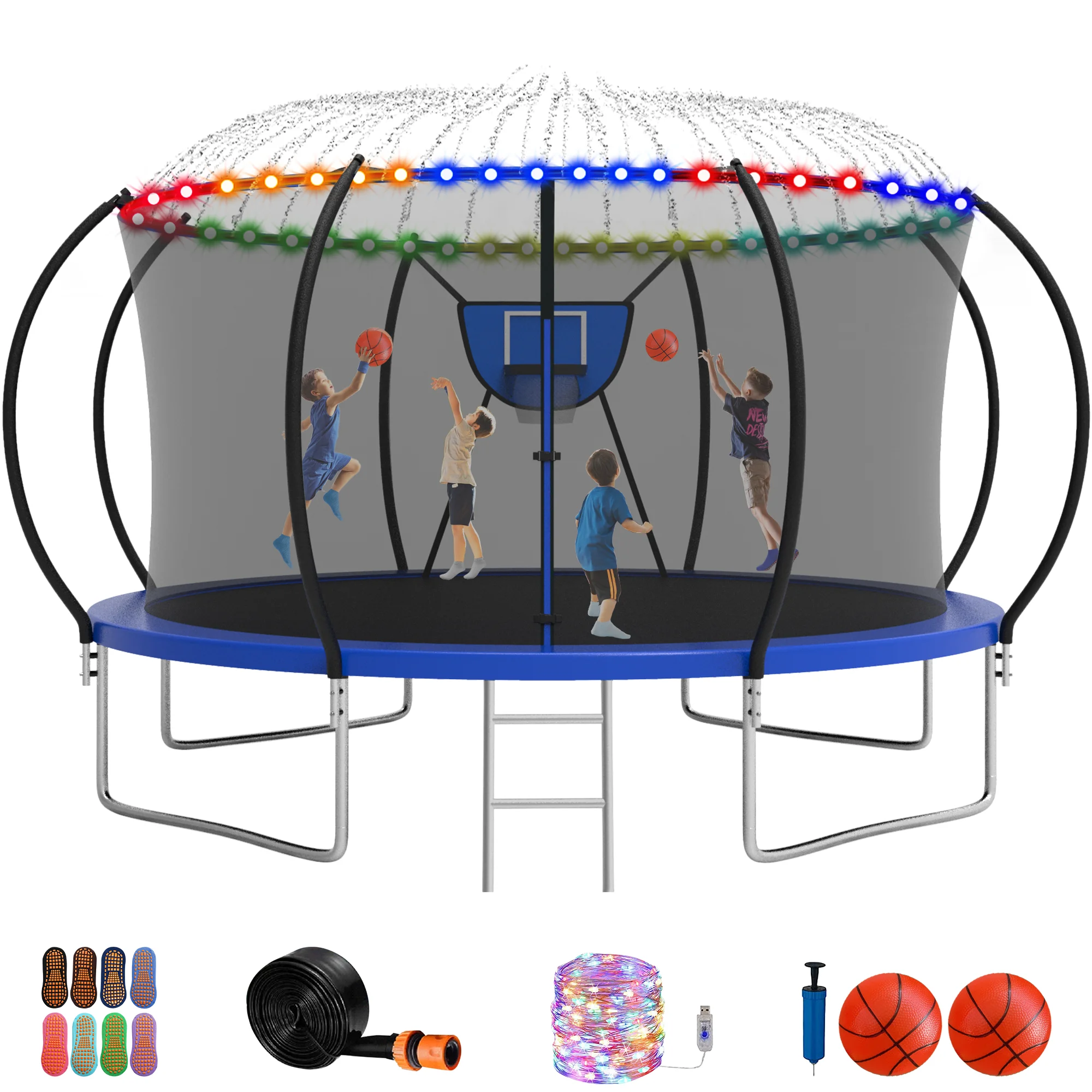 Jump Into Fun Trampoline 12FT 14FT, Trampoline with Enclosure, Basketball Hoop, 2 Balls, LED Light, Sprinkler and Socks, 1400LBS Trampoline for 1-2 Adults/ 4-5 Kids, Outdoor No Gap Design Trampoline - Womvr