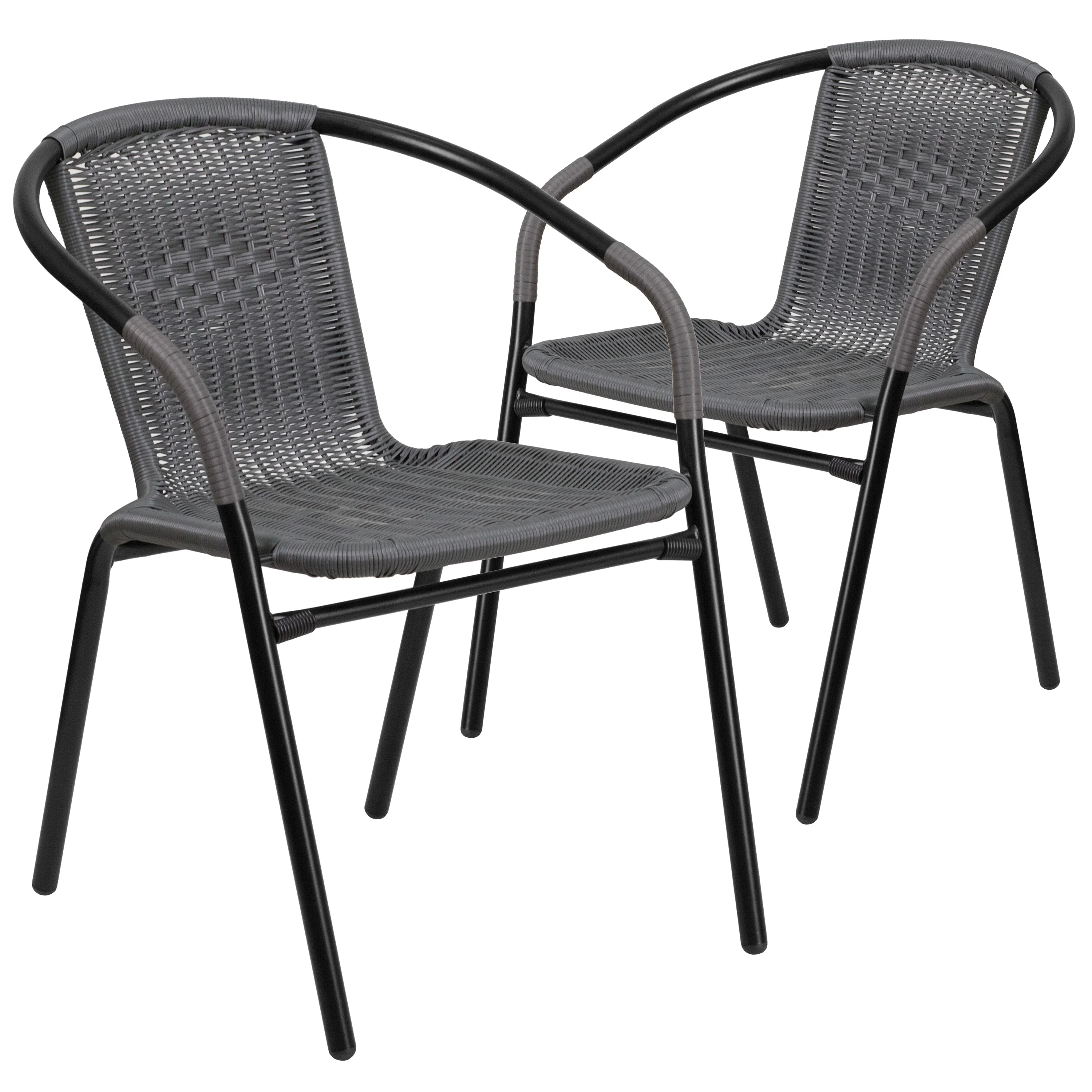 Emma + Oliver 2 Pack Gray Rattan Indoor-Outdoor Restaurant Stack Chair with Curved Back - Womvr