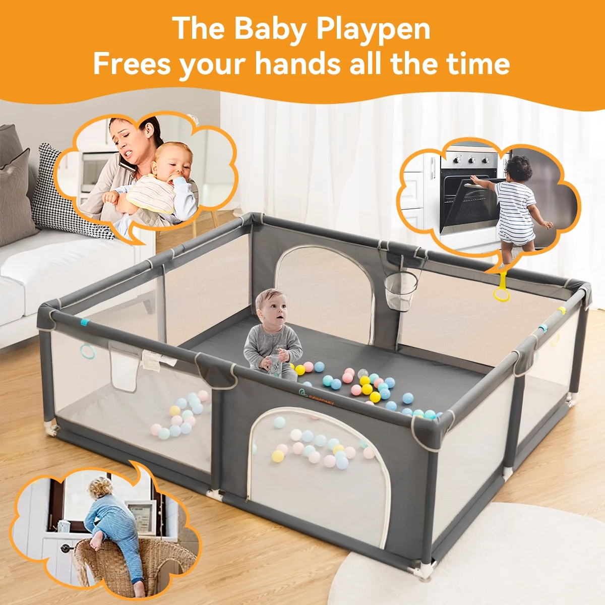 Large Baby Playpen, 79x63x27inch Activity Center Playard for Babies and Toddlers, Gray - Womvr