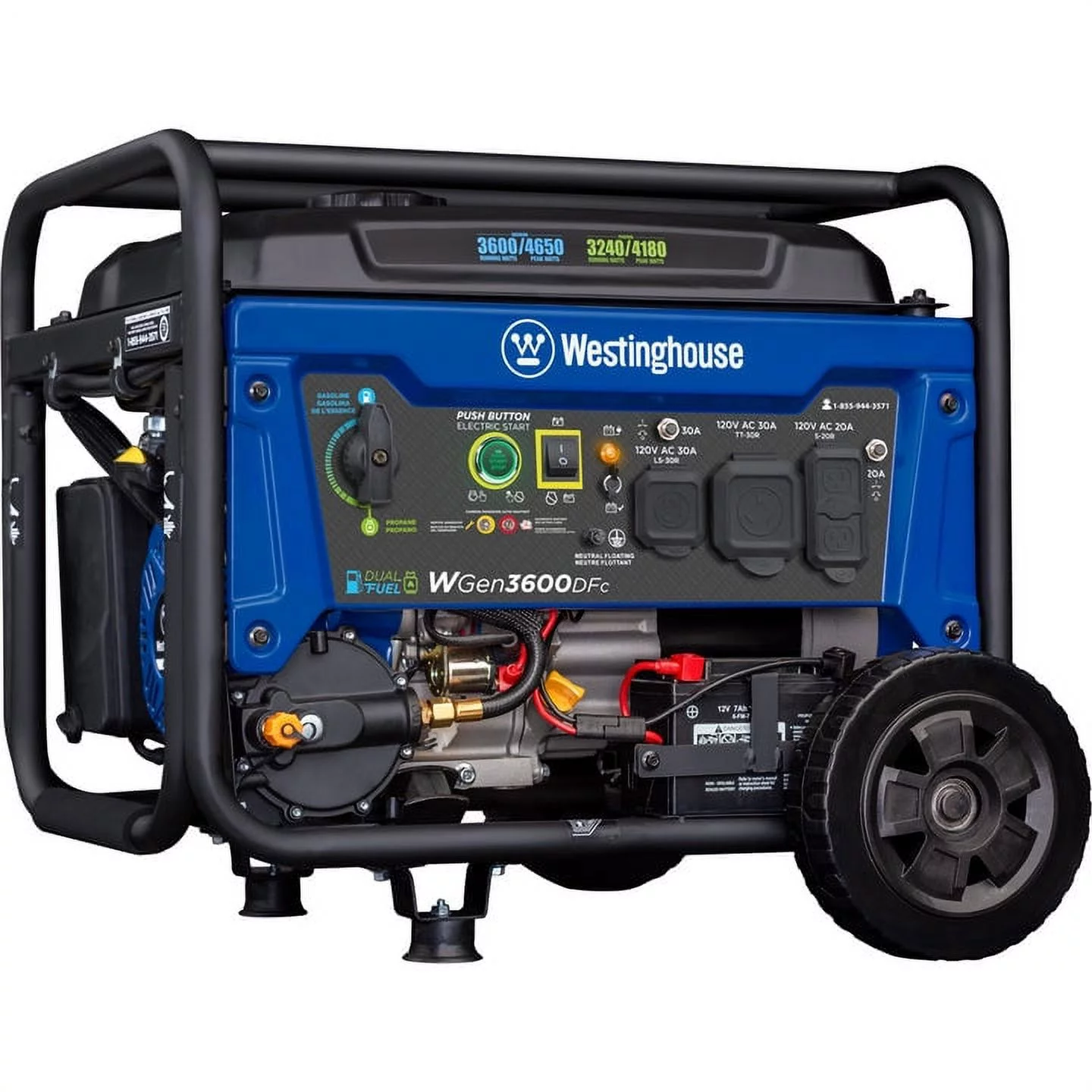 Westinghouse 4650 Peak Watt Dual Fuel Portable Generator, Remote Electric Start, RV Ready Outlet, CO Sensor - Womvr