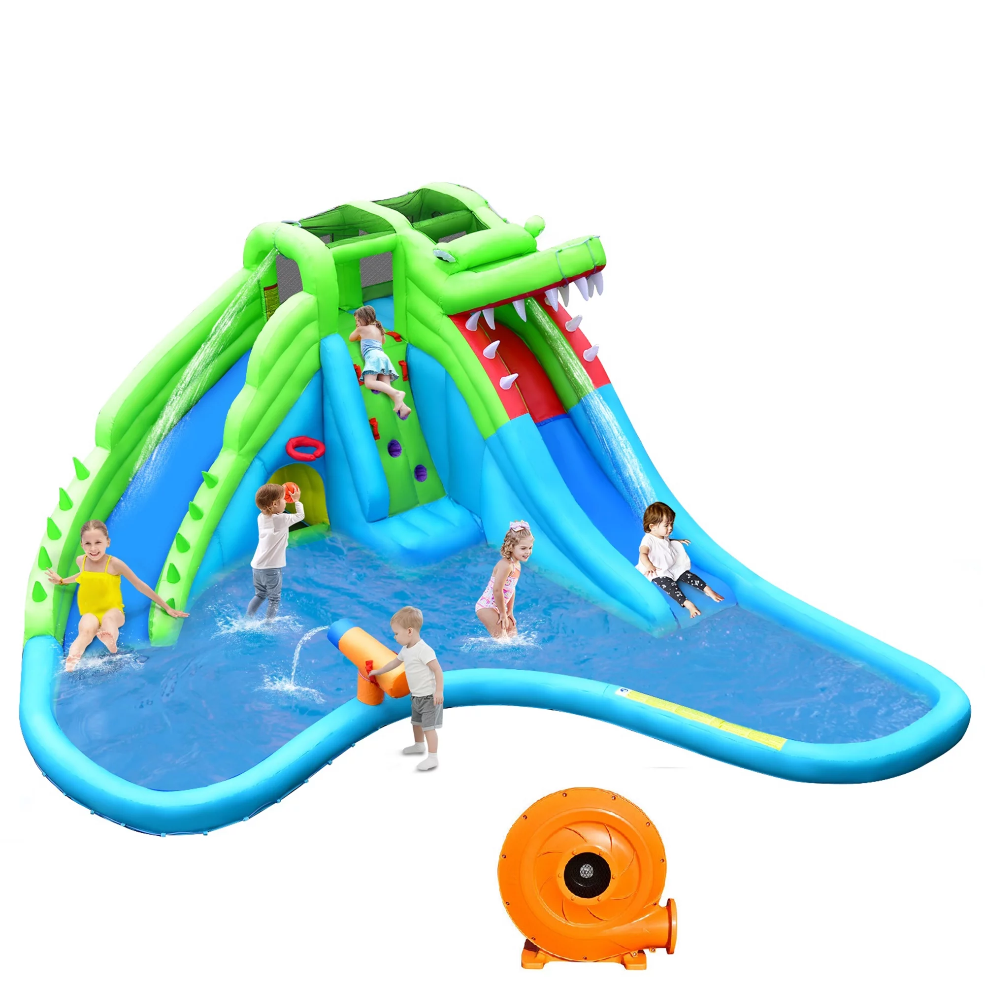 Gymax Crocodile Inflatable Water Slide Park Kids Bounce House w/ Dual Slides With 780W Blower - Womvr