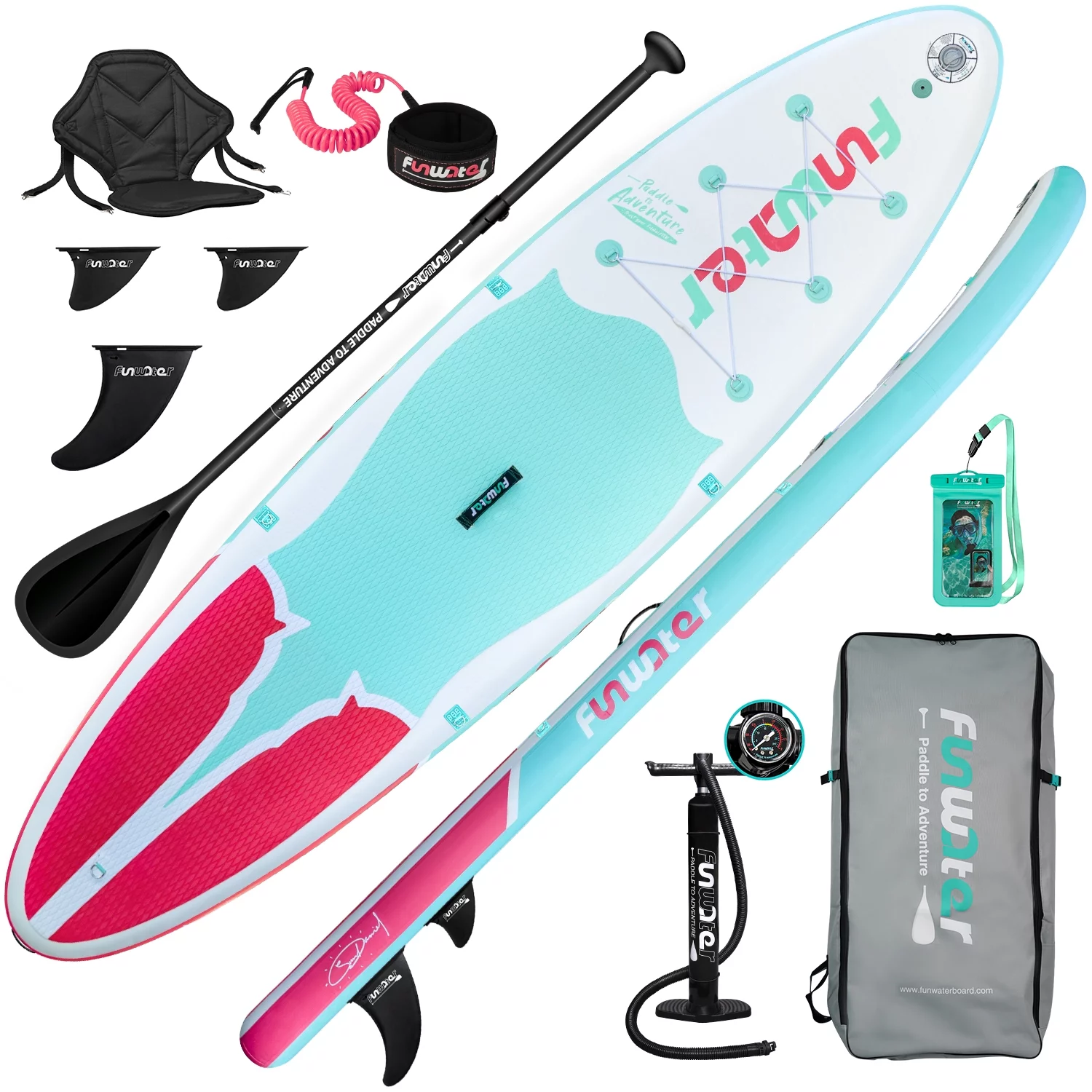 FUNWATER Inflatable Stand Up Paddle Board, SUP Light Blue pink Board 11'x33''x6'' (LxWxH), Premium Free Backpack and Paddle Fin Accessories - Womvr