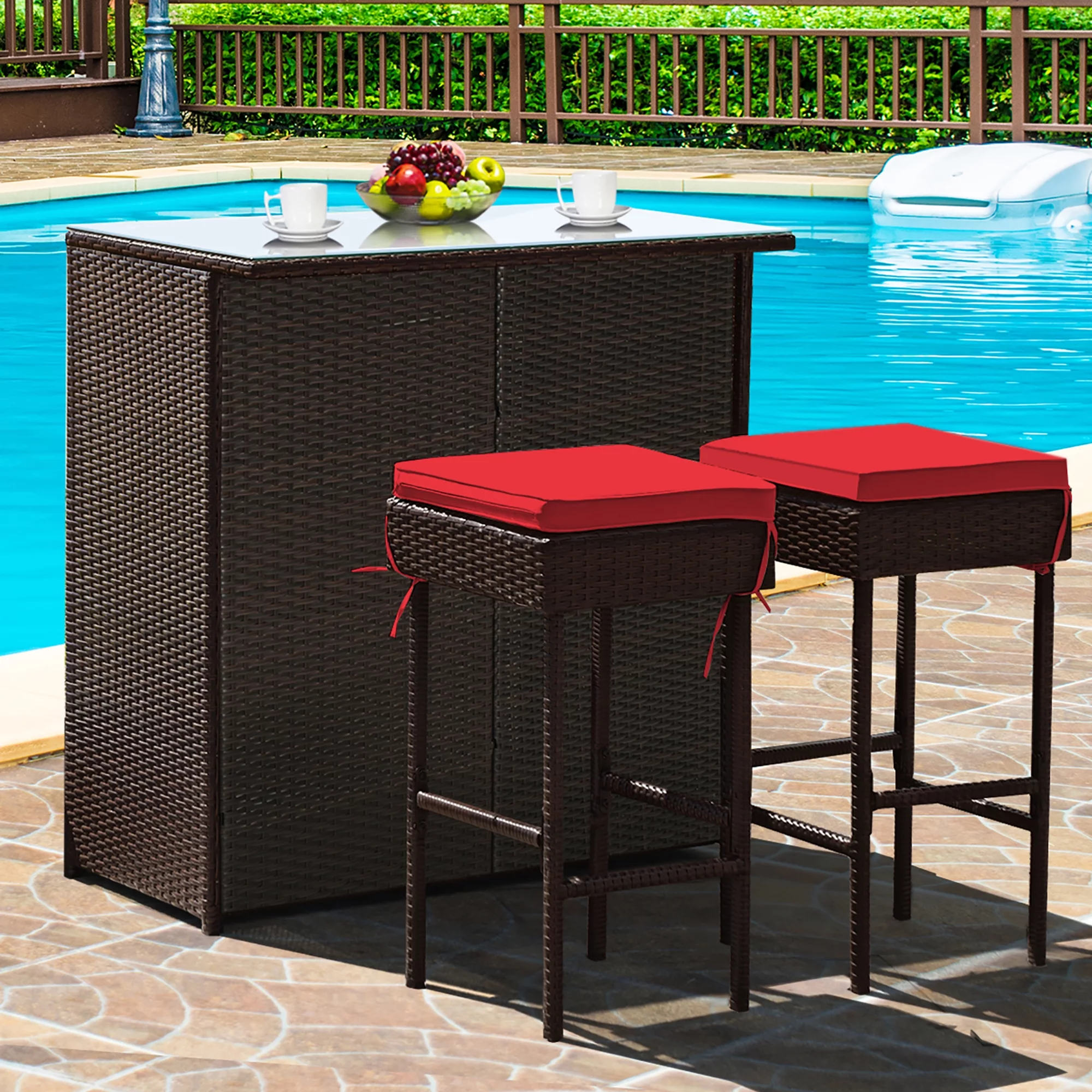 Costway 3PCS Patio Rattan Wicker Bar Table Stools Dining Set Cushioned Chairs Garden - Womvr