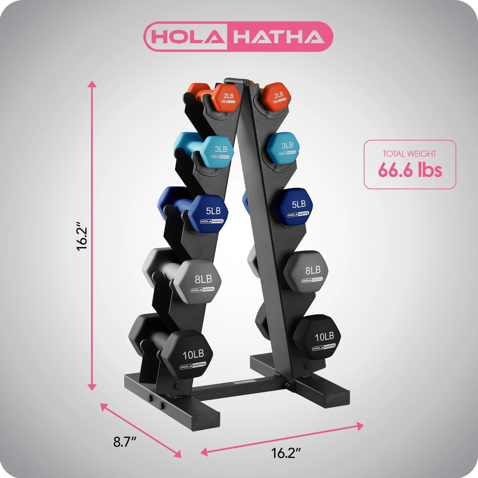 HolaHatha 3, 5, and 8 Pound Dumbbell Hand Weight Set with Storage Rack, Multi - Womvr