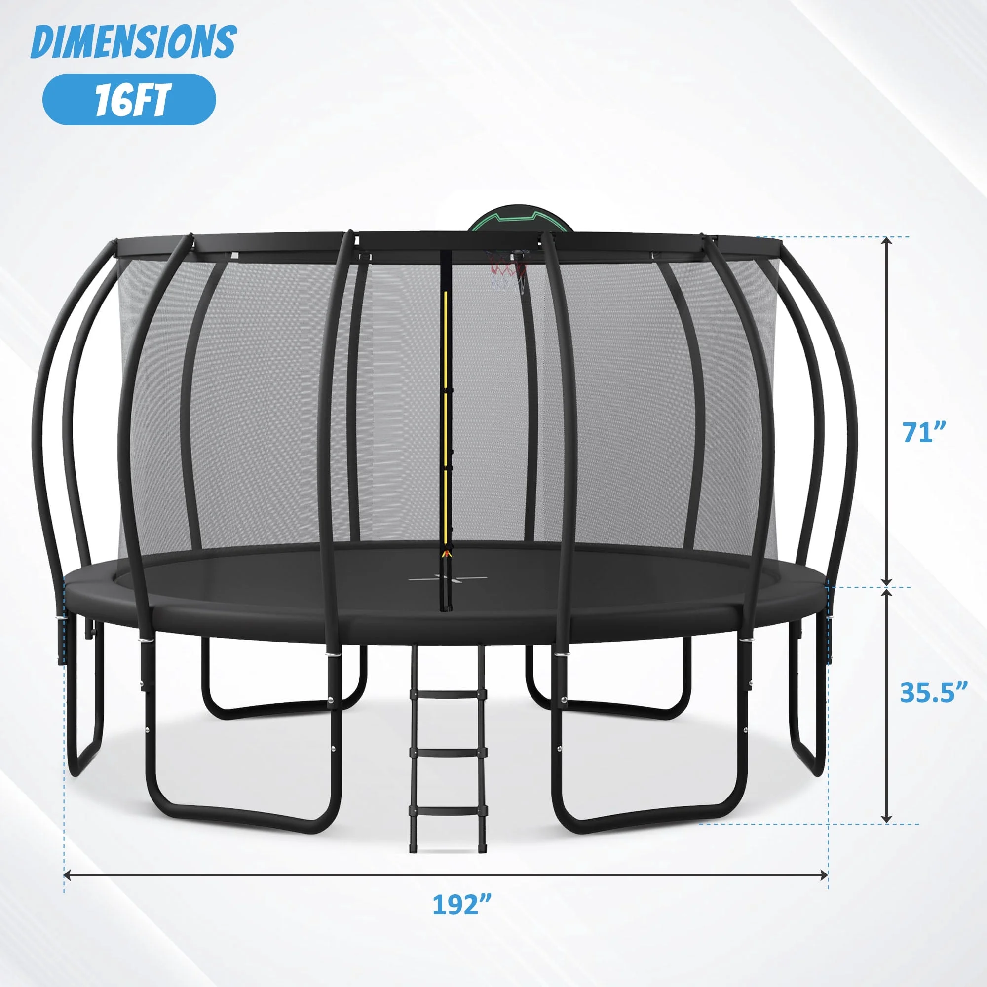 Jump Into Fun Trampoline 12FT 14FT 15FT 16FT, 1200LBS Trampoline for Adults/ 5-6 Kids, Trampoline with Enclosure, Basketball Hoop, Wind Stakes, Outdoor Upgraded Arc Pole Trampoline - Womvr