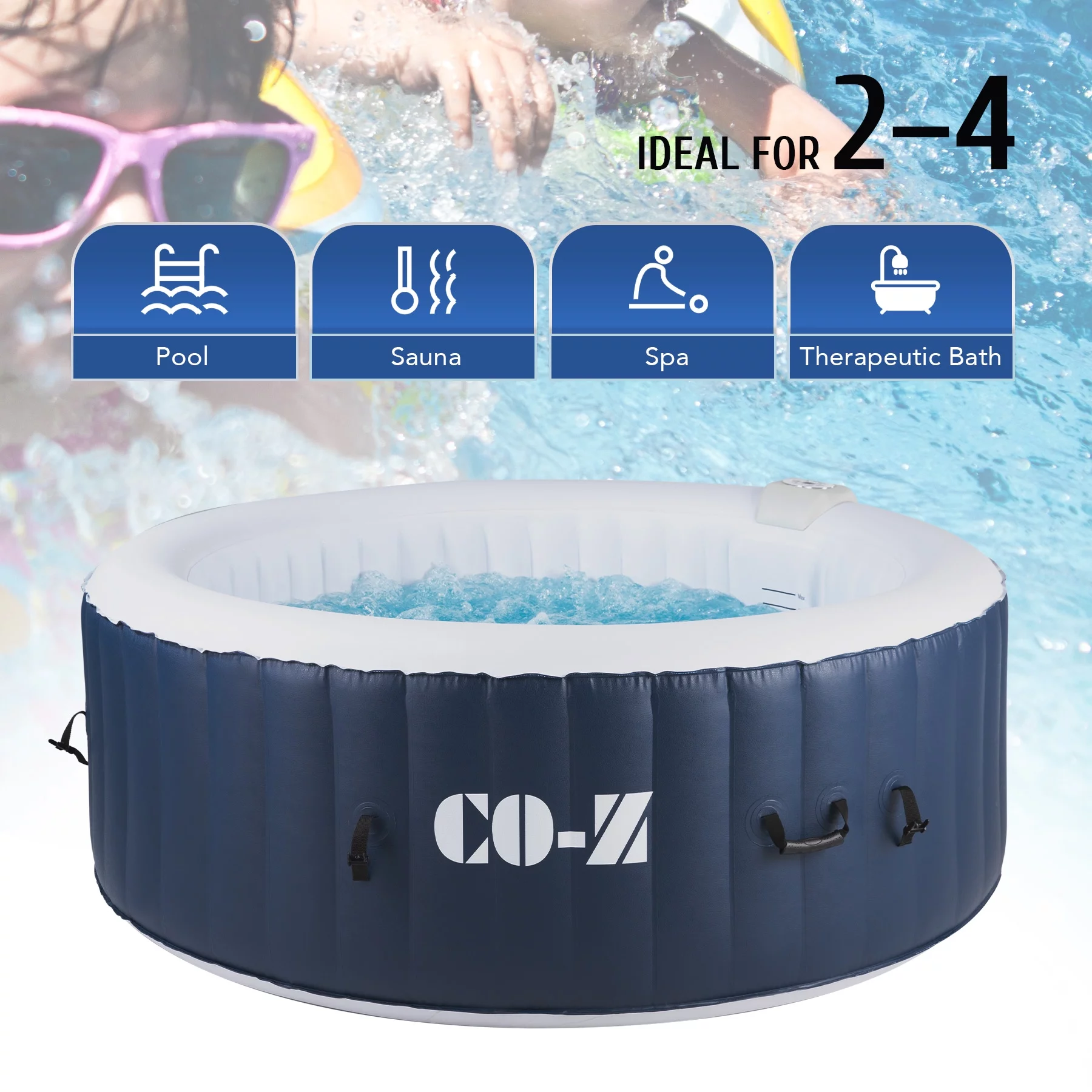 CO-Z 6x6ft PVC Round Inflatable Spa Tub w Heater & 120 Massaging Jets for Patio & More for 4-person Blue - Womvr