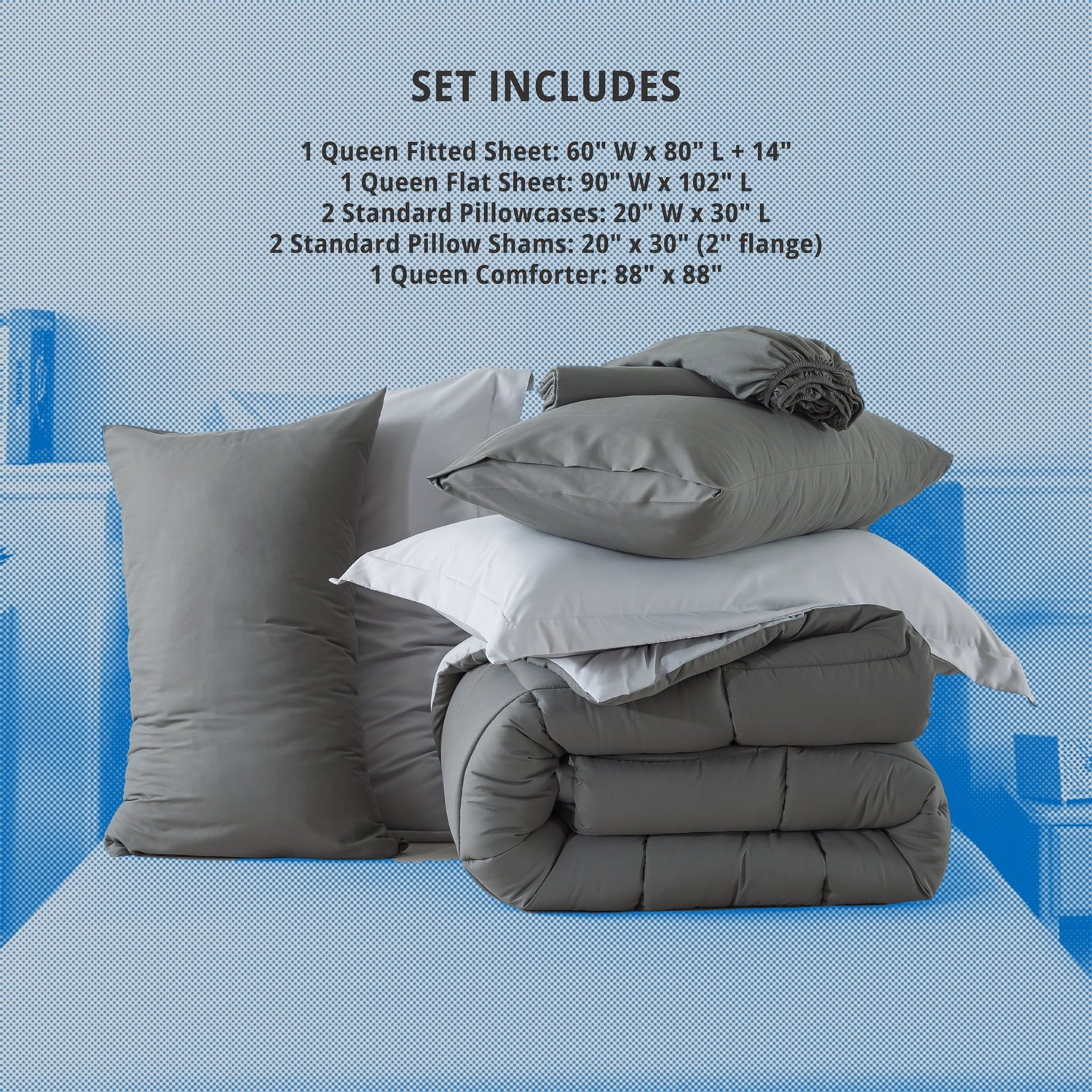 Downcool Queen Size Bed in a Bag 7 Piece Reversible Comforter Set | All-Season Bedding Sets, Adult, Unisex, White/Light Gray - Womvr