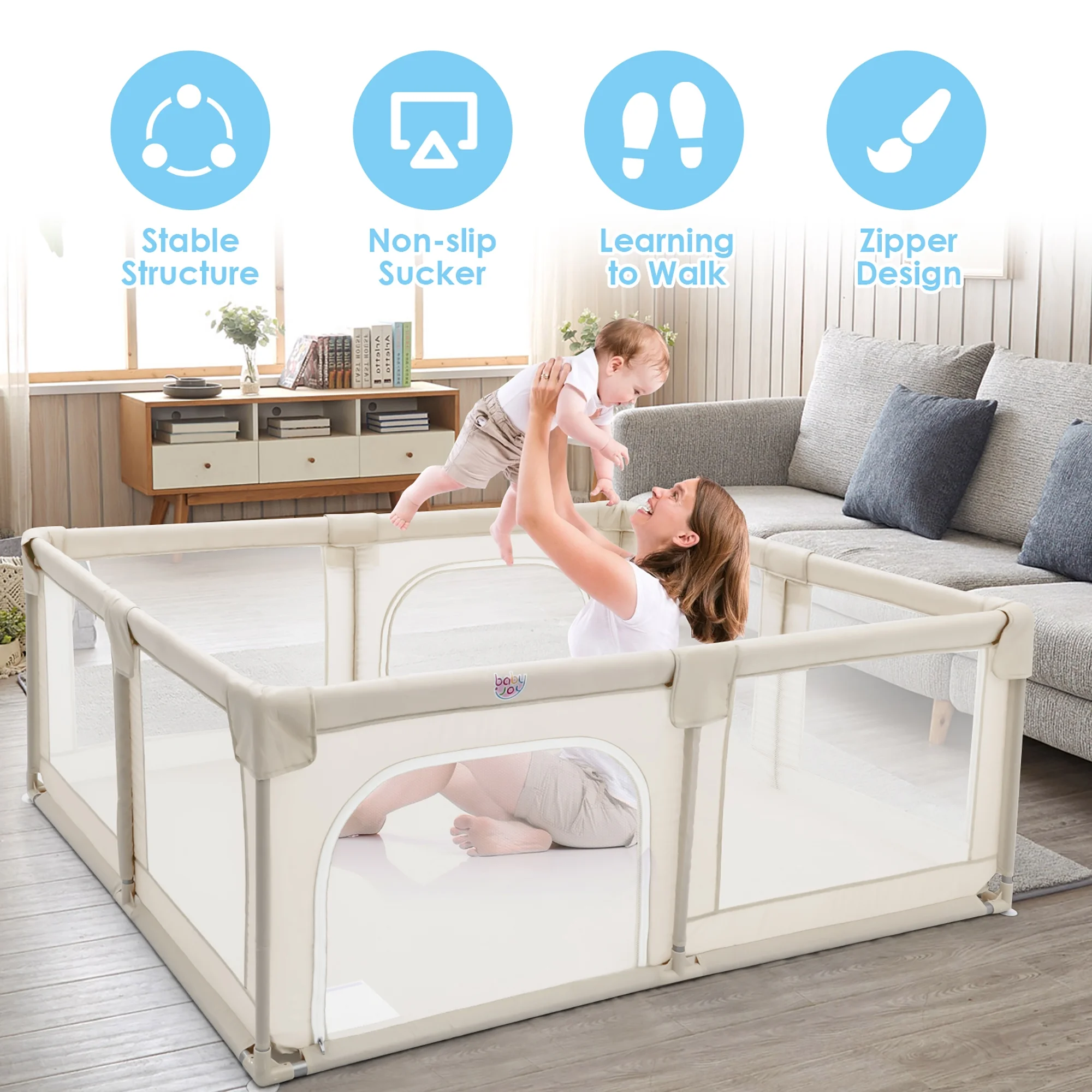 Babyjoy Playpen Extra Large Unisex Kids Baby Activity Center Safety Play Yard with Gate Gray - Womvr