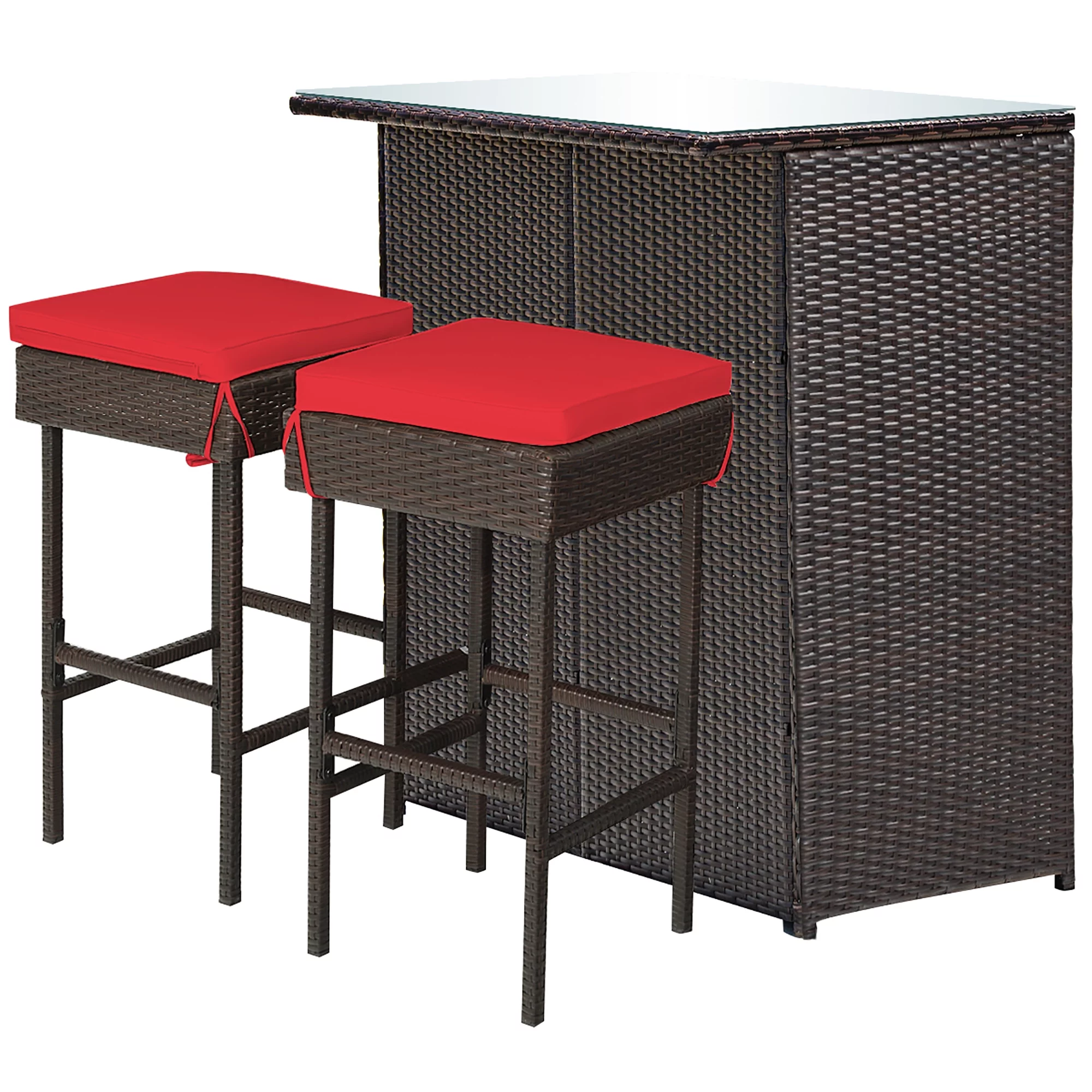 Costway 3PCS Patio Rattan Wicker Bar Table Stools Dining Set Cushioned Chairs Garden - Womvr