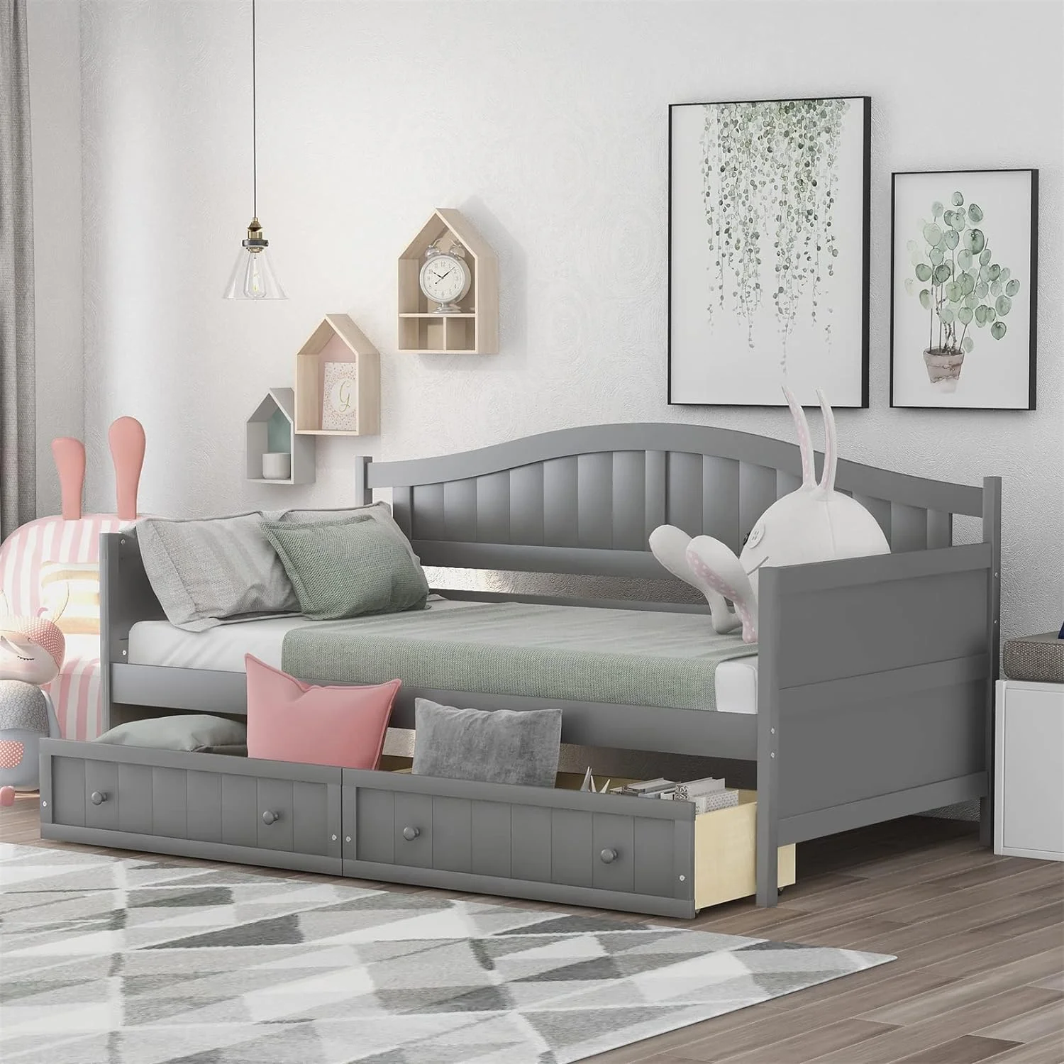 Daybed With Storage Drawers Wood Day Bed Frame For Living Room Bedroom Dual-Use Sofa Beds For Kids Guests Sleepovers. Gray - Womvr