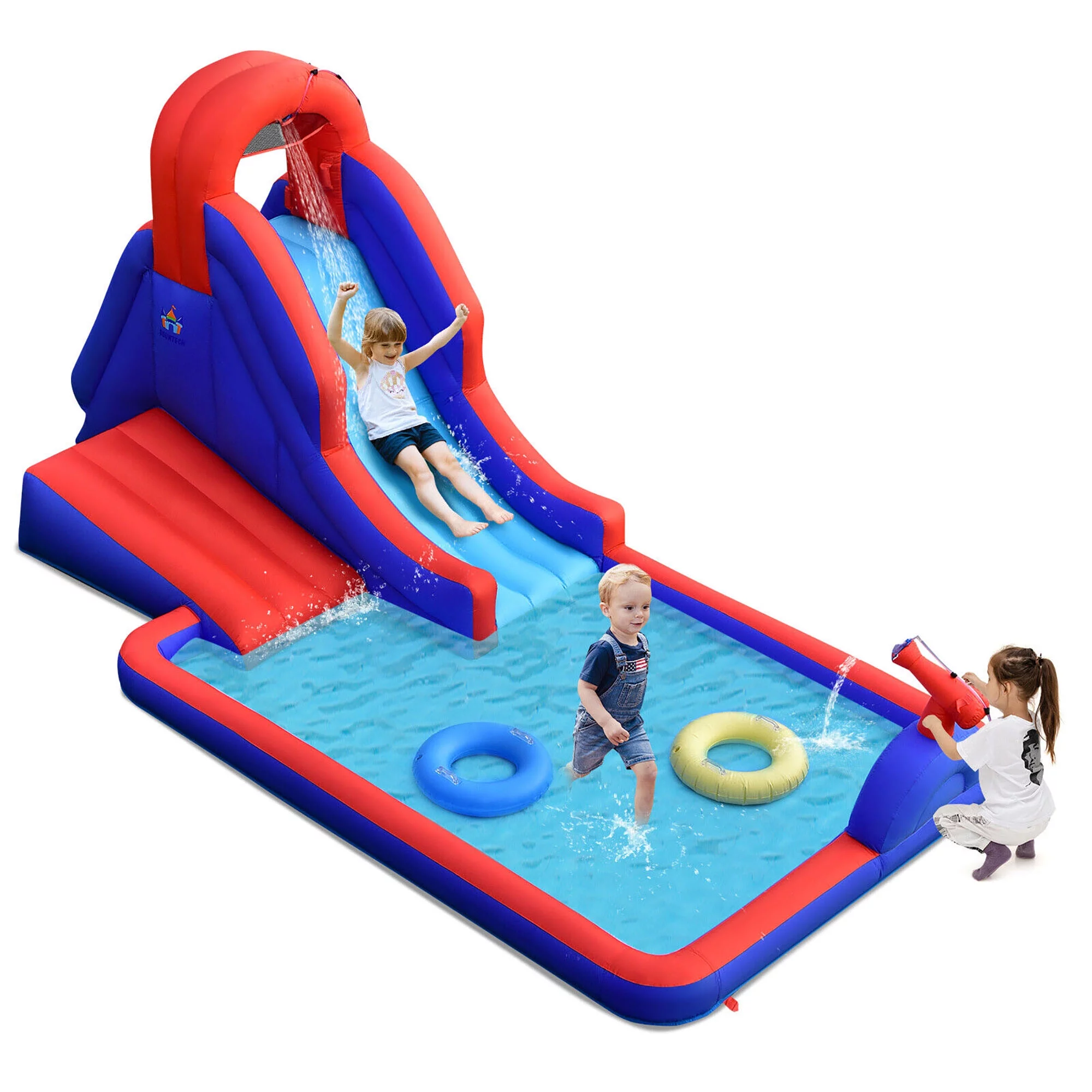 Gymax Inflatable Water Slide Park w/ Climb Slide Pool & 2 Swim Rings Blower Excluded - Womvr