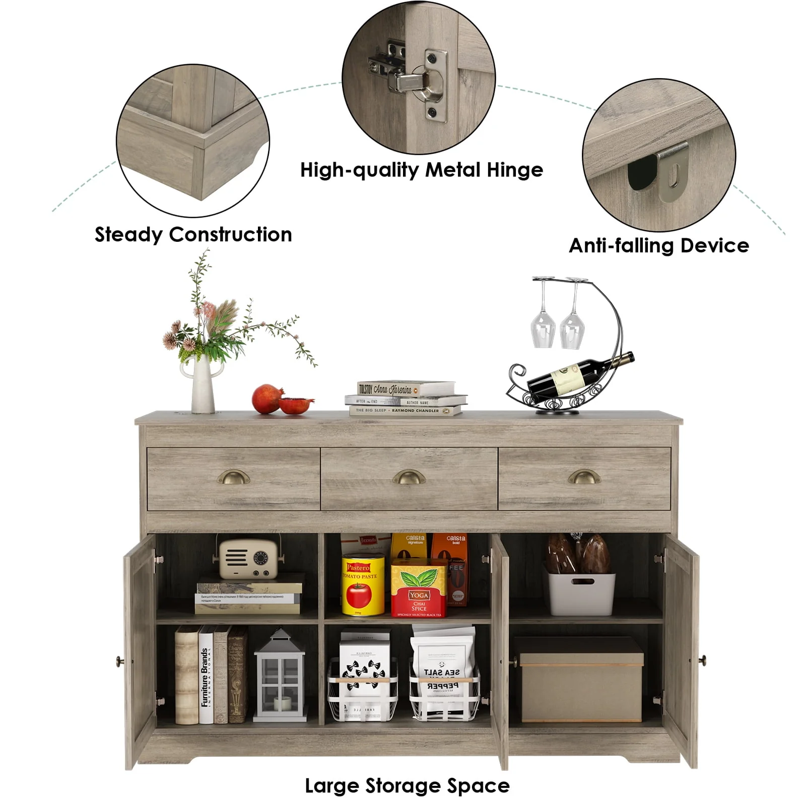 Homfa Sideboard Storage Cabinet with 3 Drawers & 3 Doors, 53.54'' Wide Buffet Cabinet for Dining Room, White - Womvr