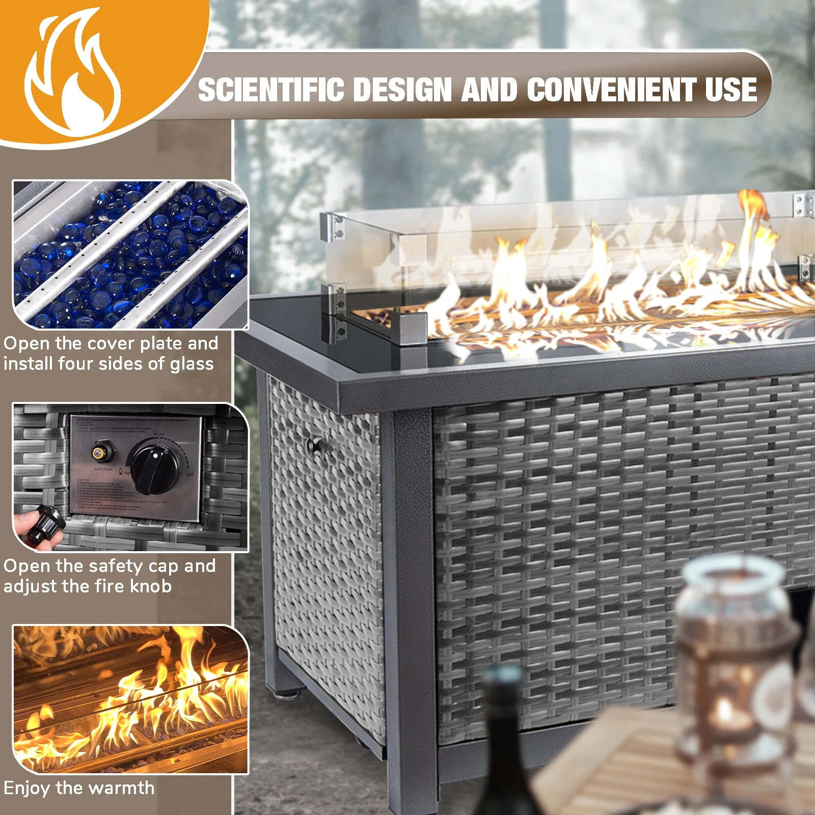 Polar Aurora Propane Fire Pit Table, 50,000 BTU Auto-Ignition Fire Pit with Wind Guard - Womvr