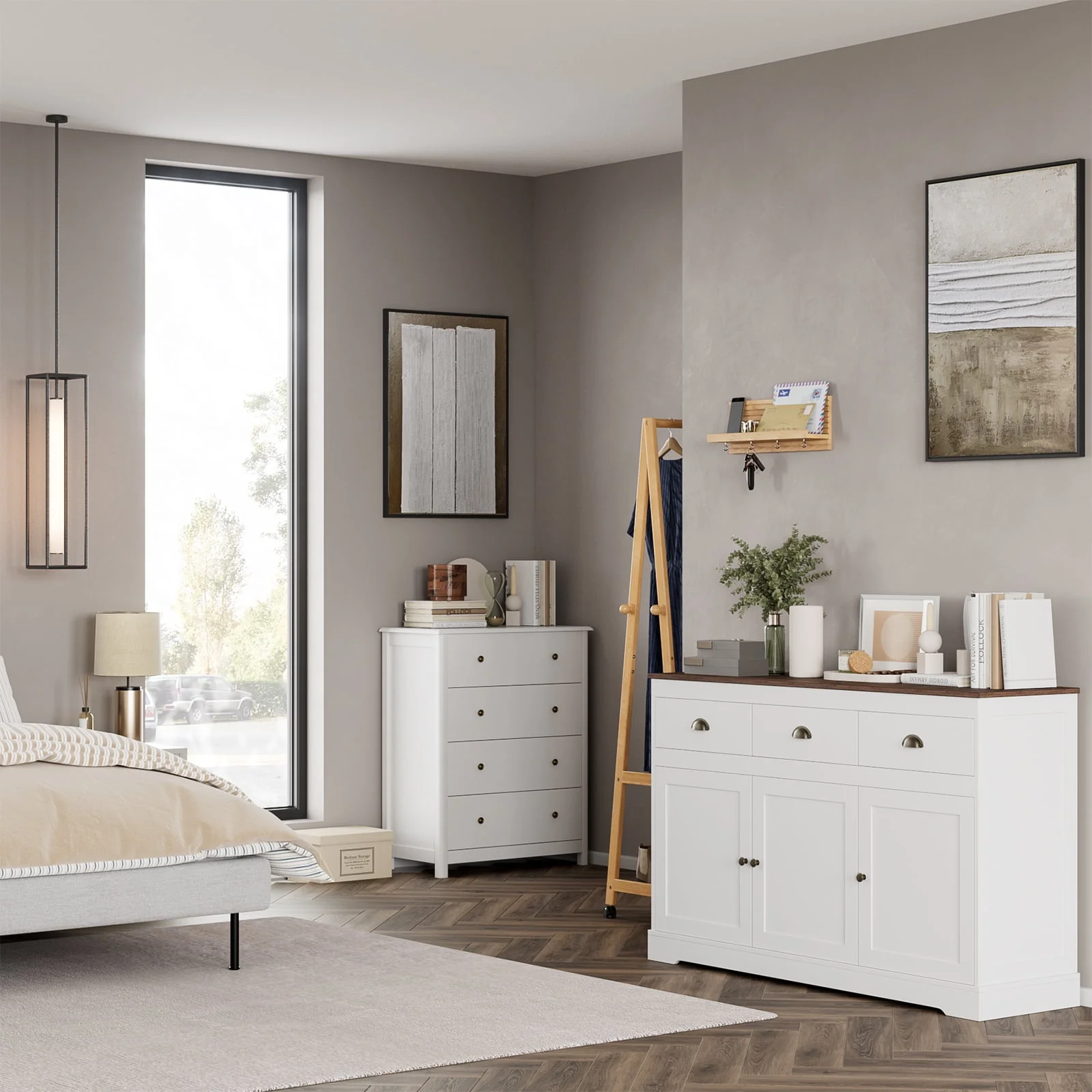 Homfa Sideboard Storage Cabinet with 3 Drawers & 3 Doors, 53.54'' Wide Buffet Cabinet for Dining Room, White - Womvr