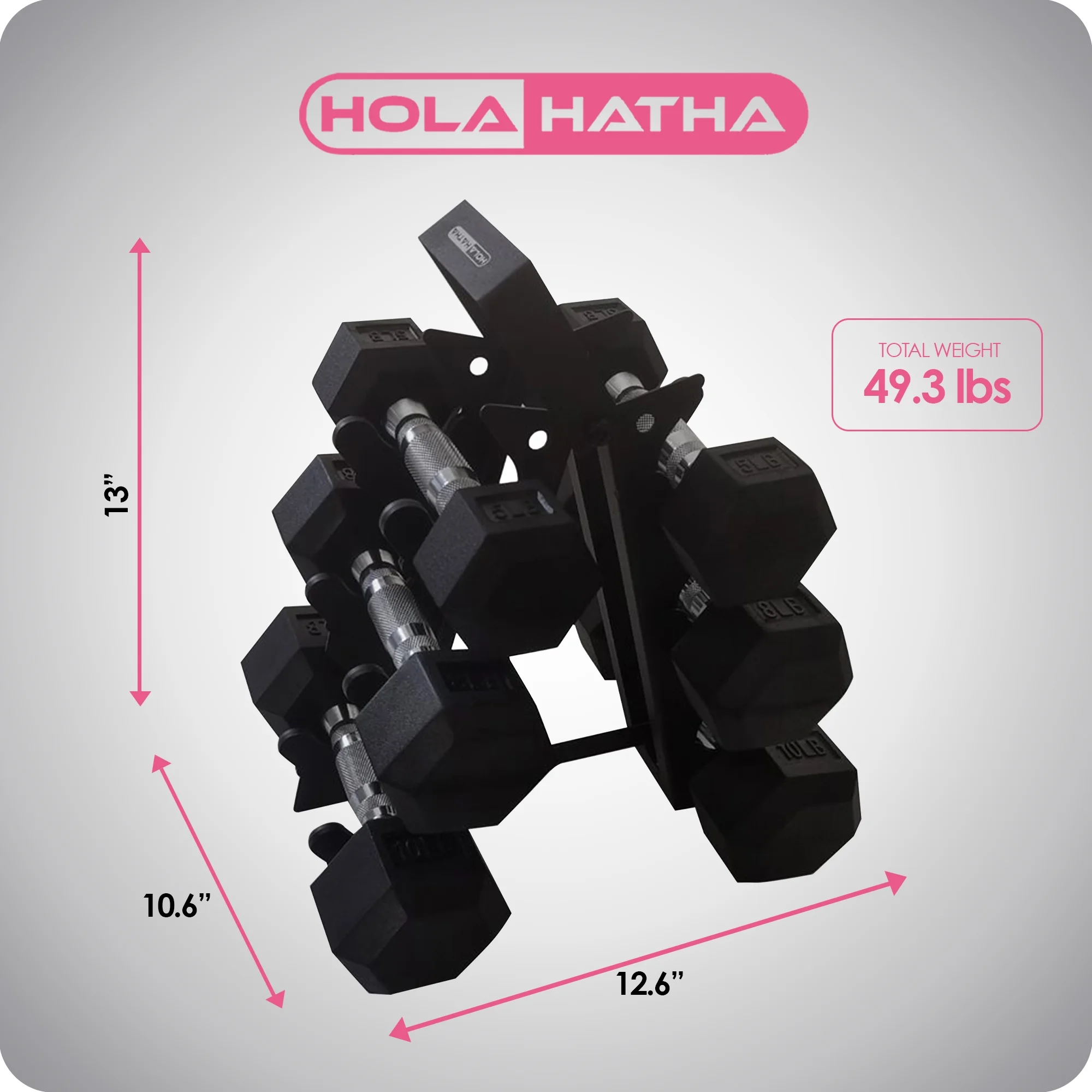 HolaHatha 5, 10, 15, 20 and 25 Pound Hexagonal Dumbbell Weight Set w/Rack - Womvr