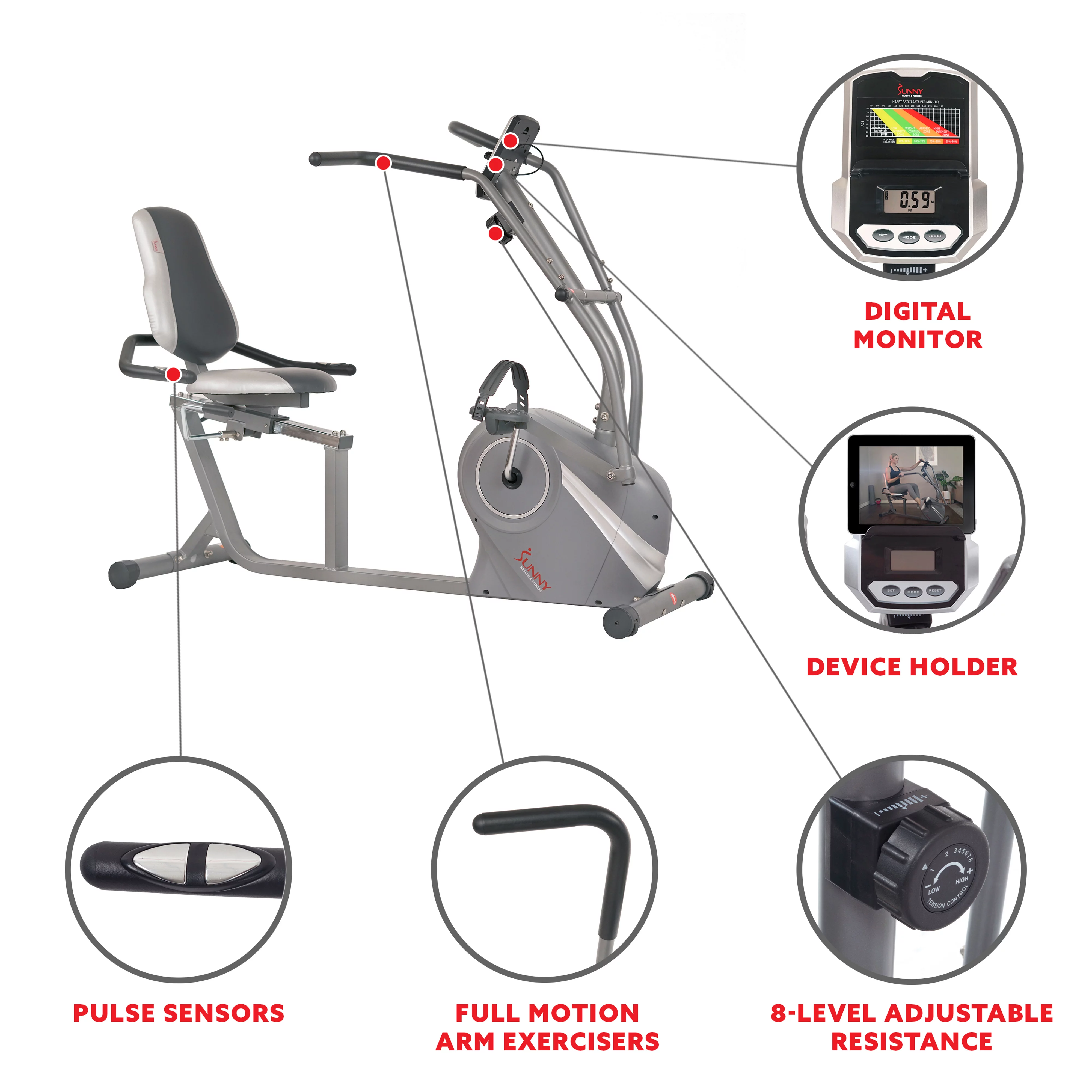 Sunny Health & Fitness Cross Trainer Magnetic Recumbent Bike with Arm Exercisers - SF-RB4936 - Womvr