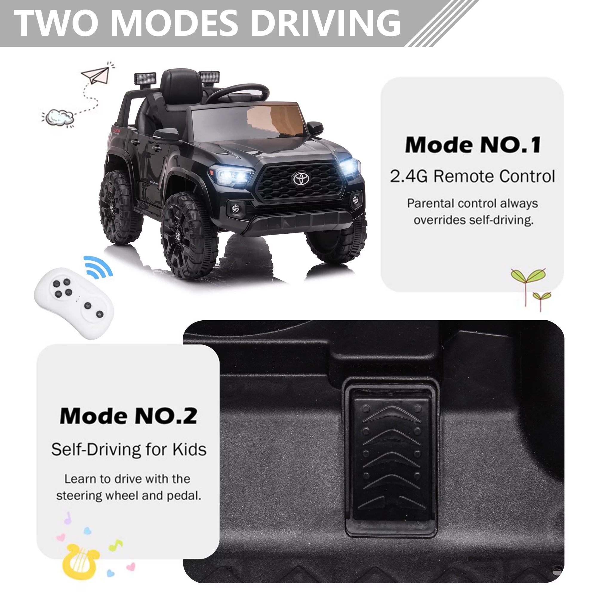 Licensed Toyota Tacoma Electric Ride on Vehicle for Kids, 12V Powered Ride on Car Toys with Remote Control, LED Lights, MP3 Player, Gray - Womvr