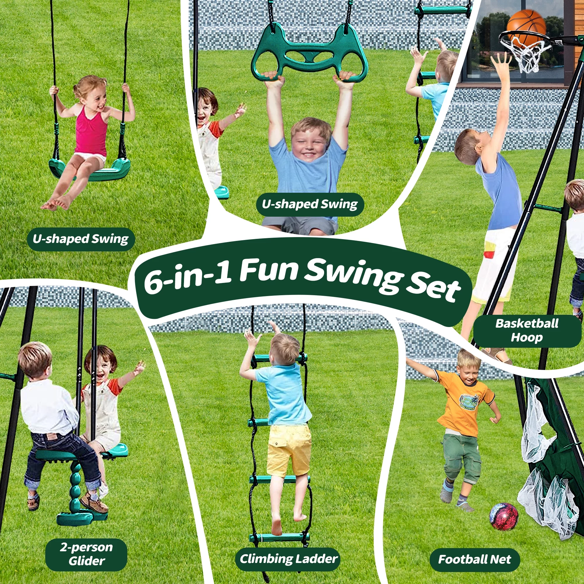 5 in 1 Metal Swing Set for Outside, Kids Backyard Swing Set with Swing Chair, Slide, Glider, Ground Nail, Outdoor Backyard Playground Swing Sets for 3-8 Year, Max Weight 700 lbs - Womvr