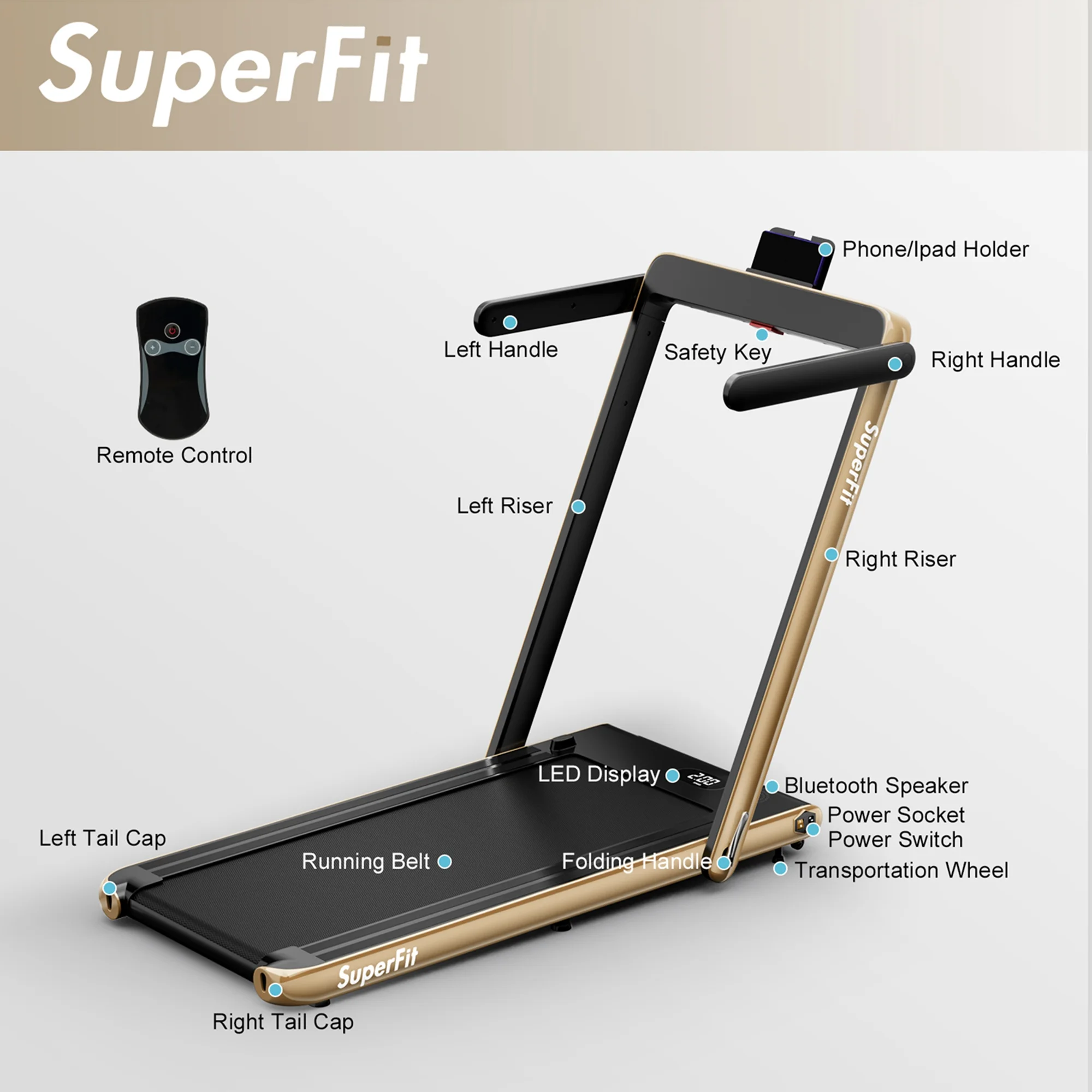SuperFit Up To 7.5MPH 2.25HP 2 in 1 Single Display Screen Folding Treadmill Remote Control W/ APP Control Speaker Black - Womvr