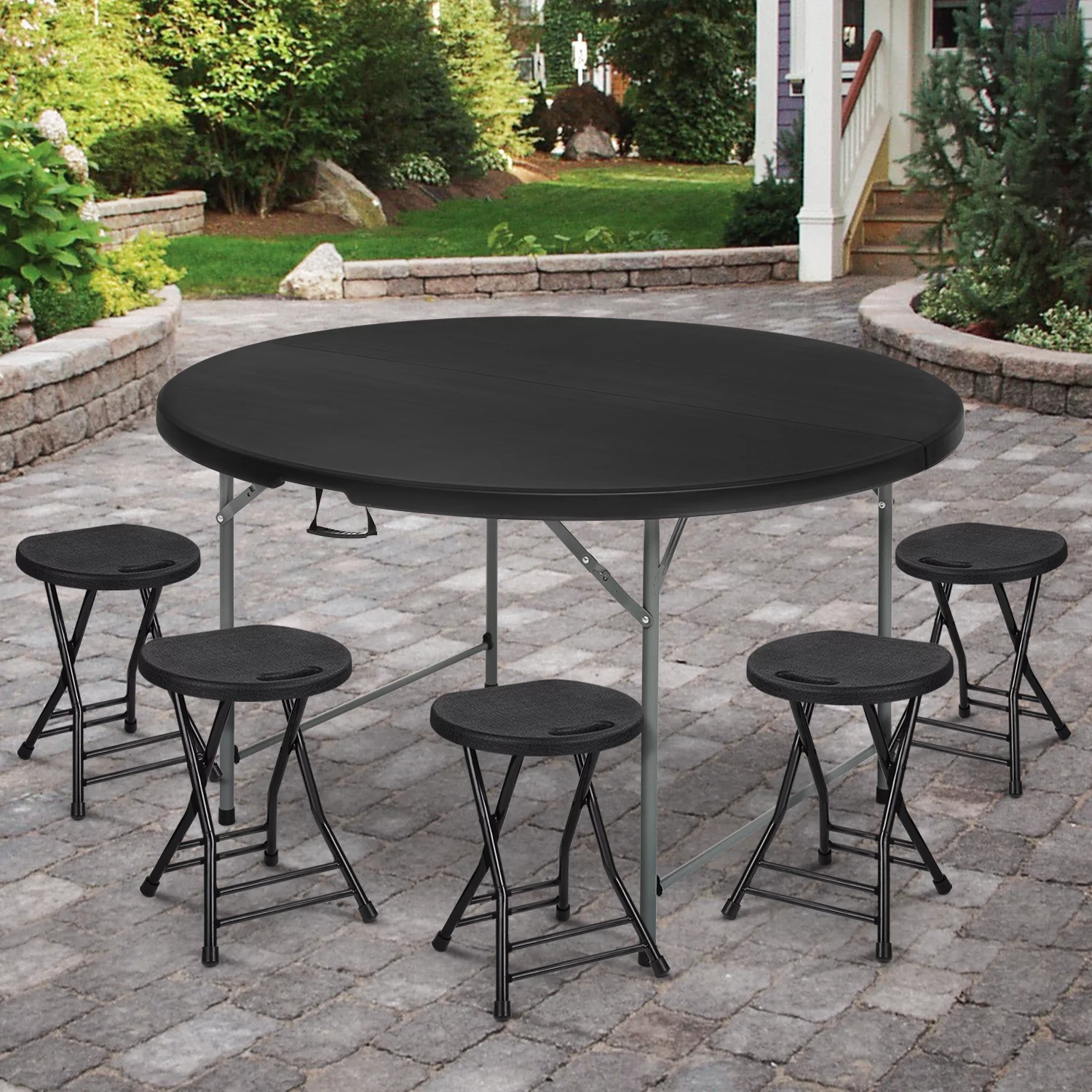 MoNiBloom 5 foot Round Bi-Fold Plastic Table, Metal Frame Indoor Outdoor 60 Inch Foldable Desk for Kitchen Party Wedding, Grey - Womvr