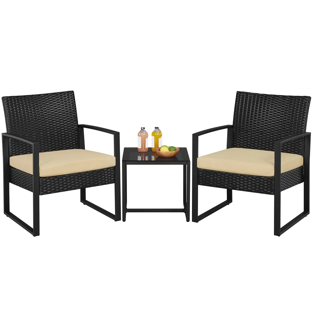 Yaheetech Modern 3-piece Patio Rattan Chairs & Table Set with Cushions, Black/Gray - Womvr