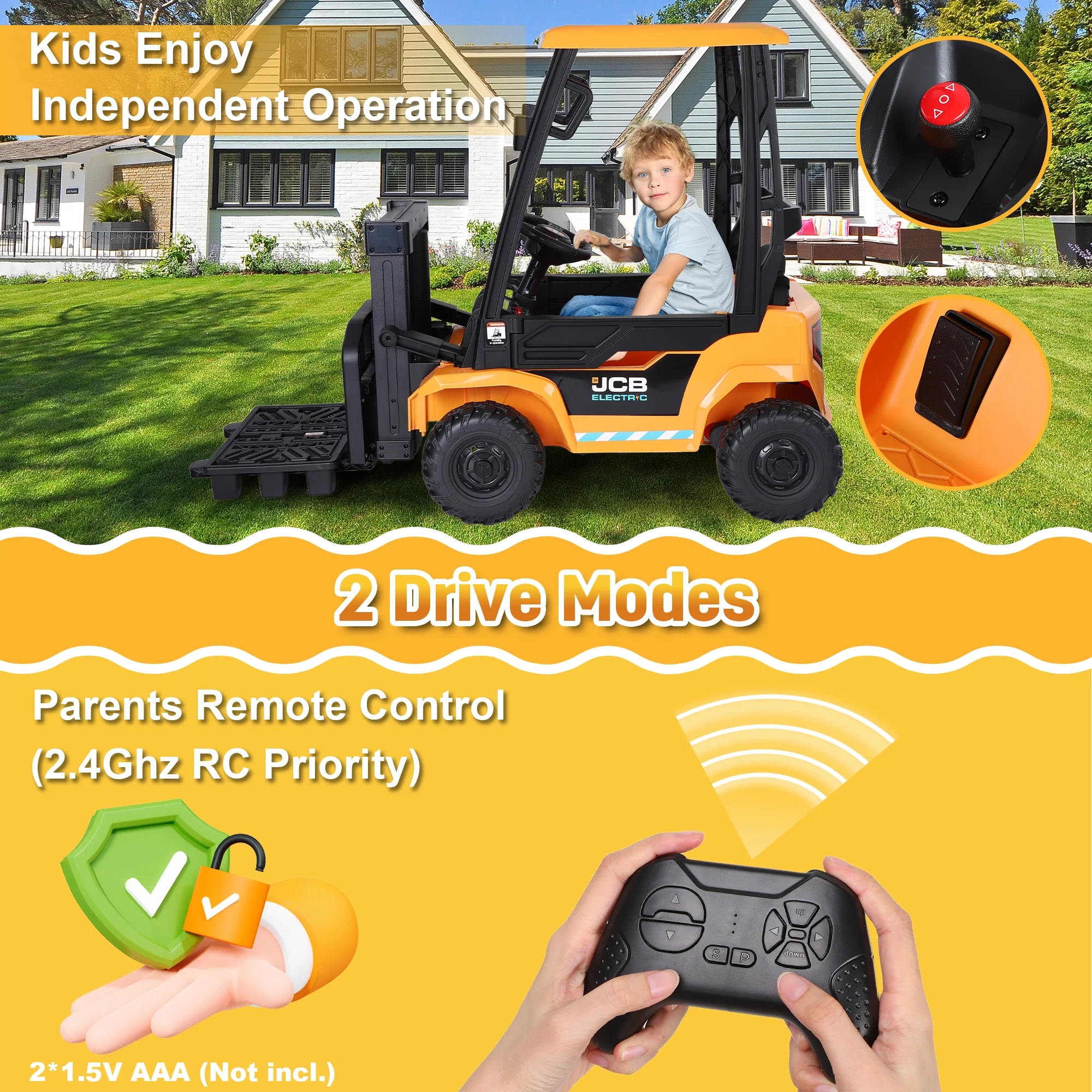 JCB 2 in 1 Kids Ride on Car Excavator & Bulldozer,Wisairt 12 V Battery Powered Electric Vehicle w/ Remote Control,Bucket,Digger,Handle(Yellow) - Womvr