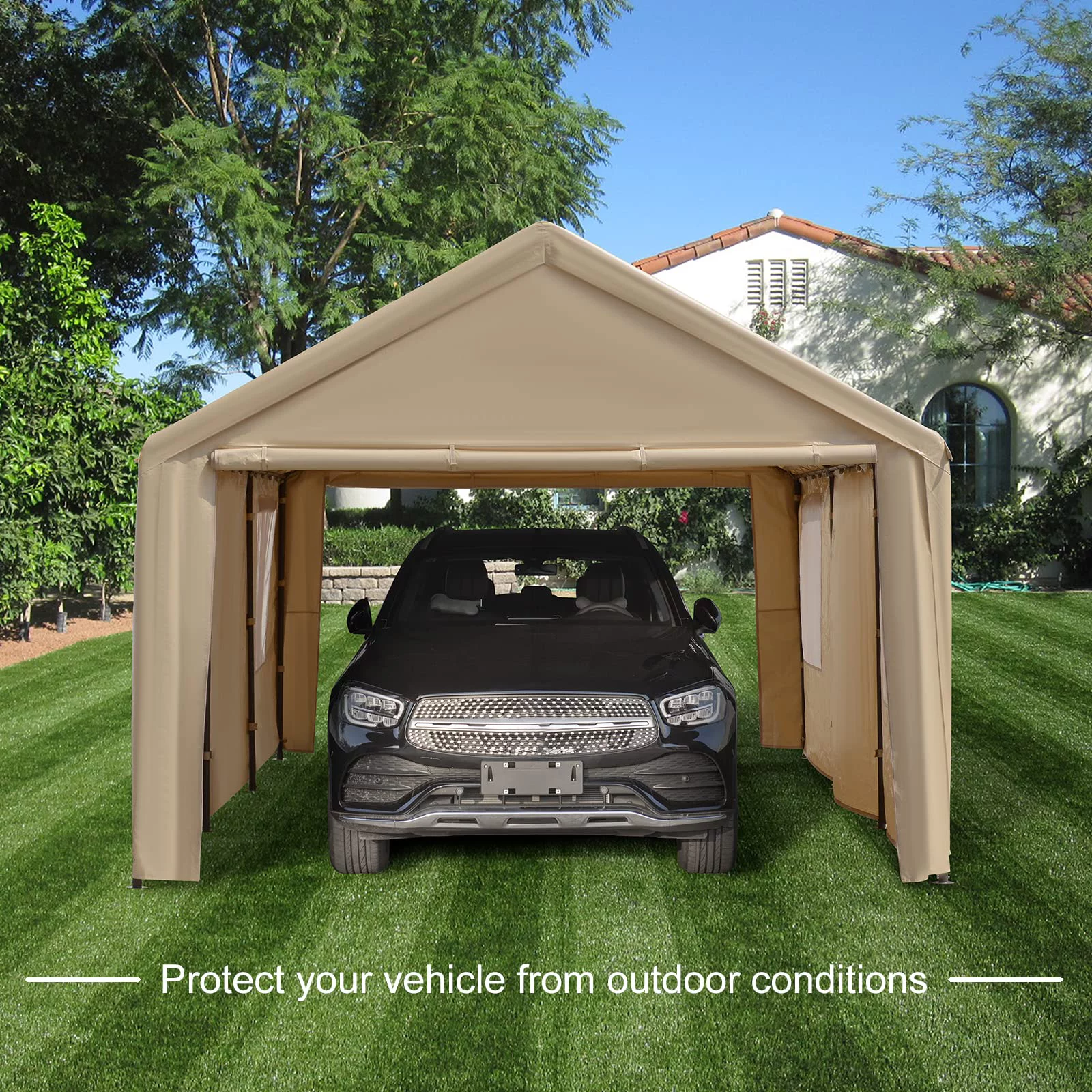 Gardesol Carport, 12'x20' Extra Large Heavy Duty Carport with Removable Sidewalls & Doors, Portable Garage Car Canopy for Car, Truck, SUV, Beige - Womvr