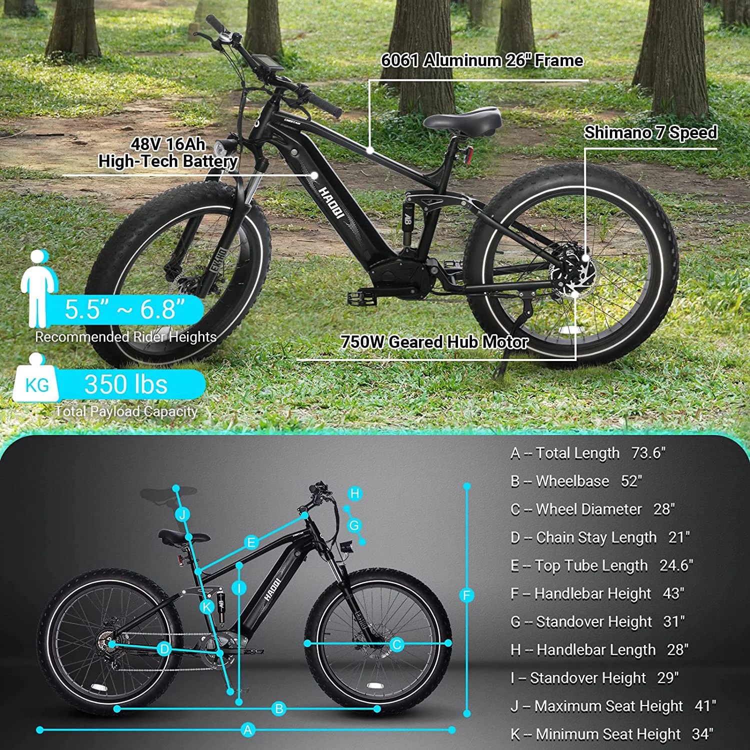 HAOQI Black Cheetah 48V 16Ah 750W Fat Tire Full Suspension Mountain Bike Electric Bike - Womvr