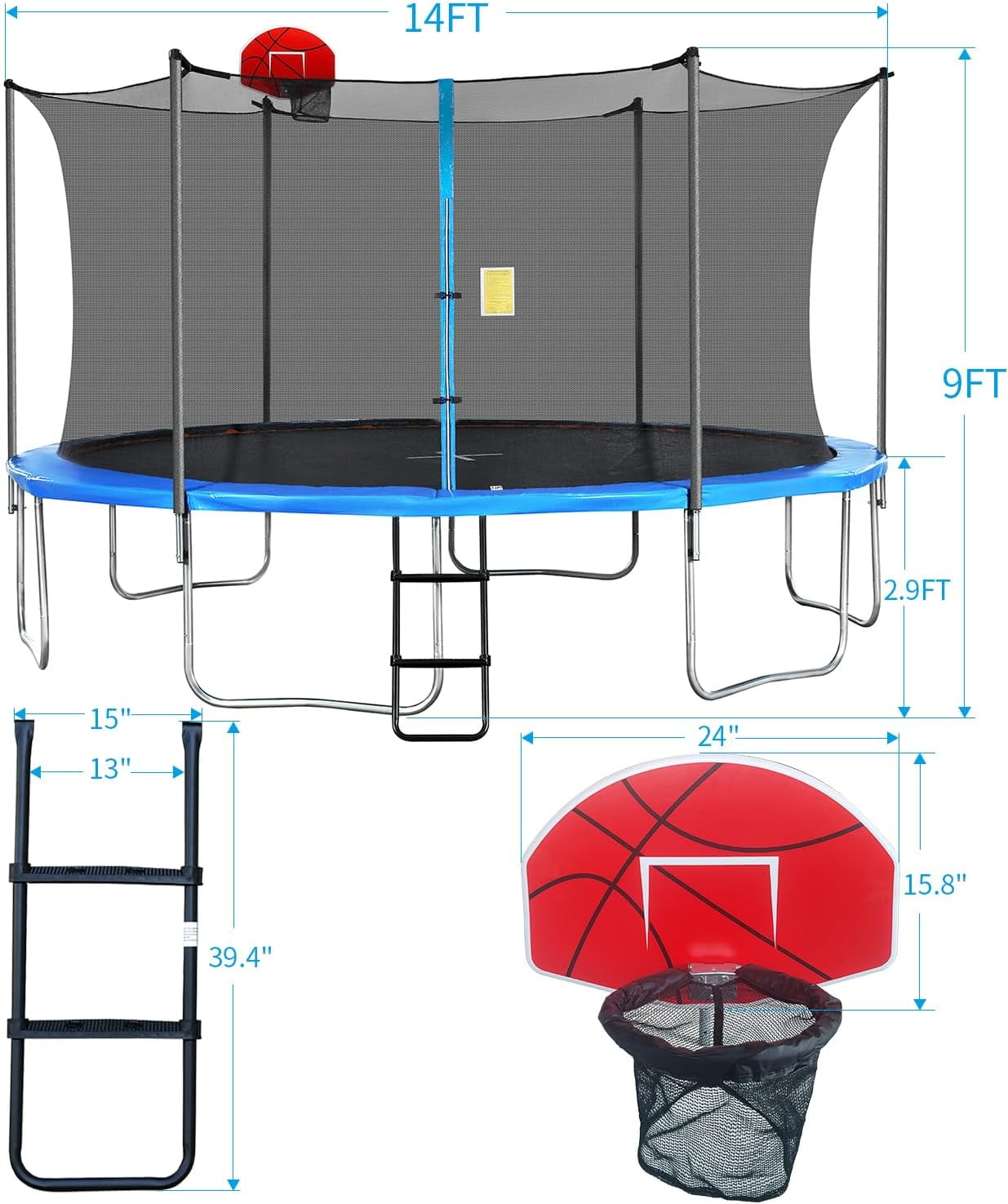 Trampoline for Kids, 14ft Trampoline with Basketball Hoop, Kids Trampoline for Ourdoor with Ladder, W-Shaped Leg for More Sturdy,  72 pcs Springs - Womvr
