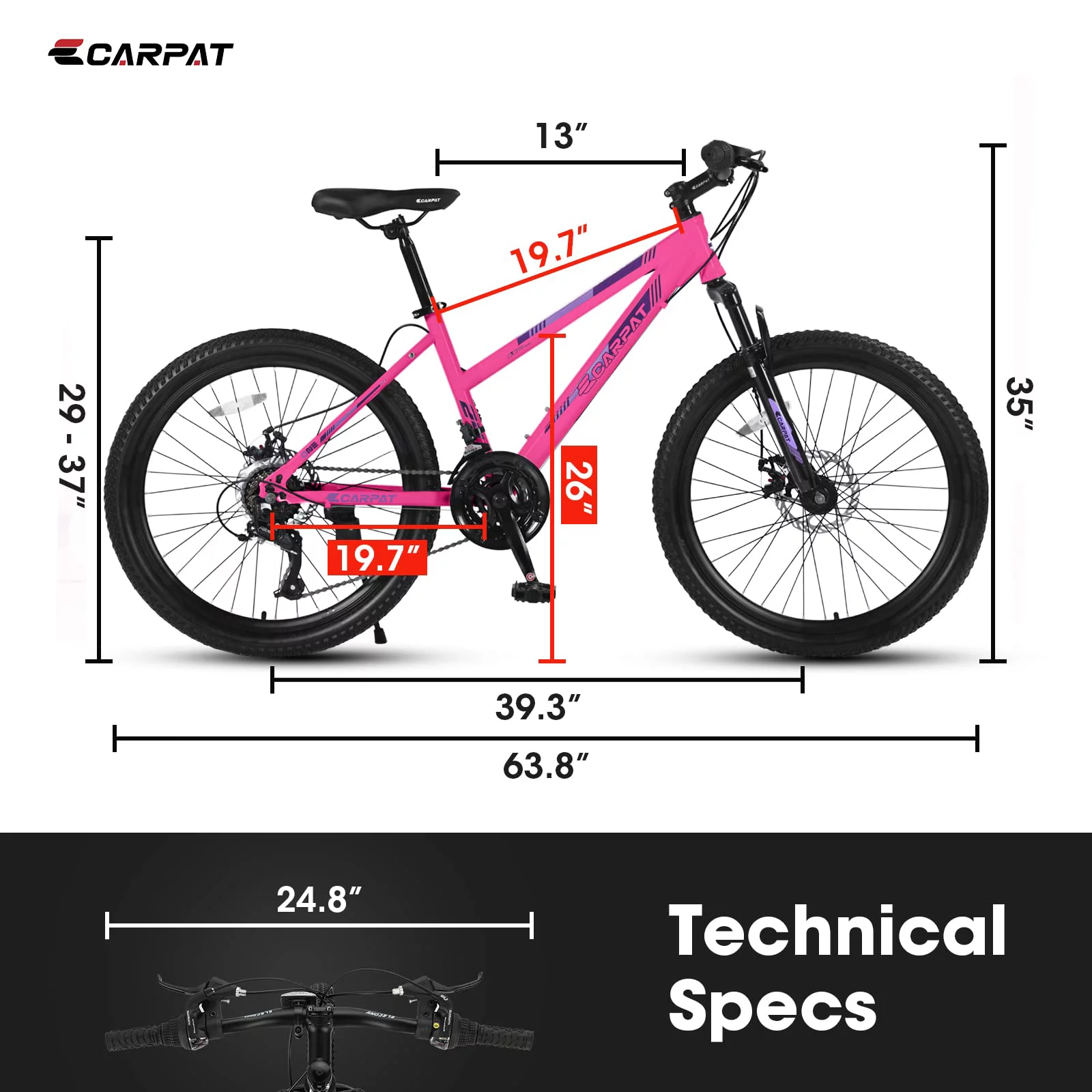 24 inch Mountain Bike, Shimano 21 Speed Drive, Dual Disc Brake, Front Suspension MTB For Boy Girl - Womvr