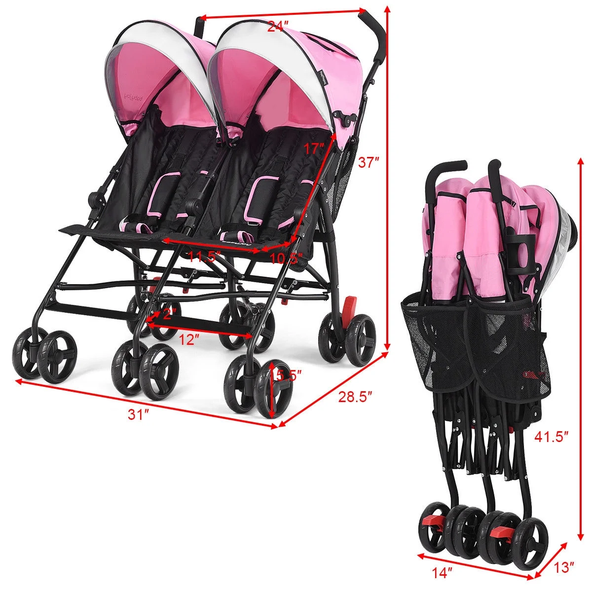 Baby-joy Foldable Twin Baby Double Stroller Kids Ultralight Umbrella Stroller Pushchair Black - Womvr