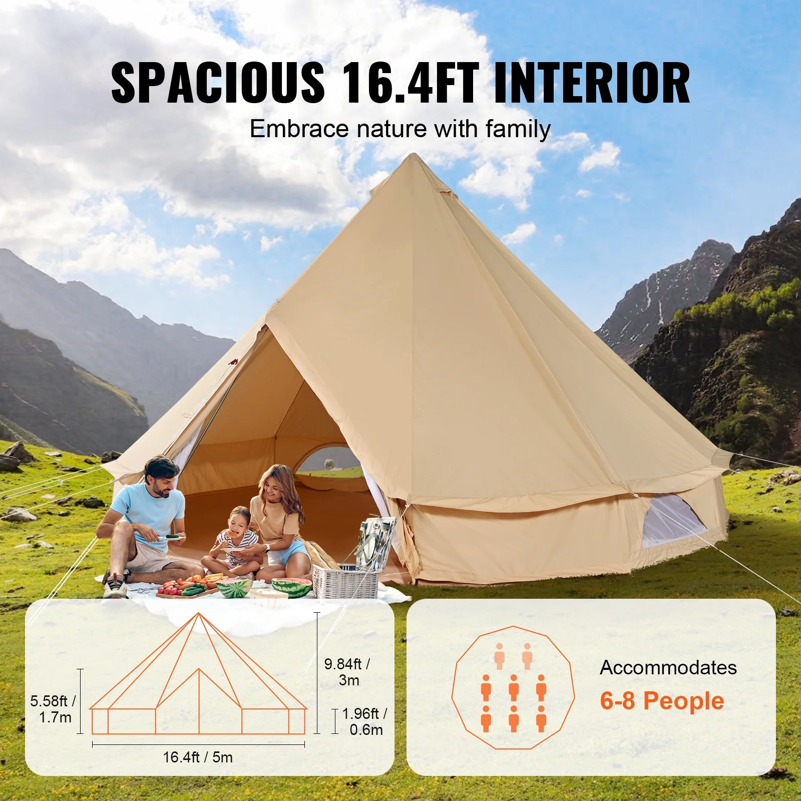 SKYSHALO Canvas Bell Tent 5m/16.4ft 4-Season Camping Yurt Tent with Stove Jack - Womvr