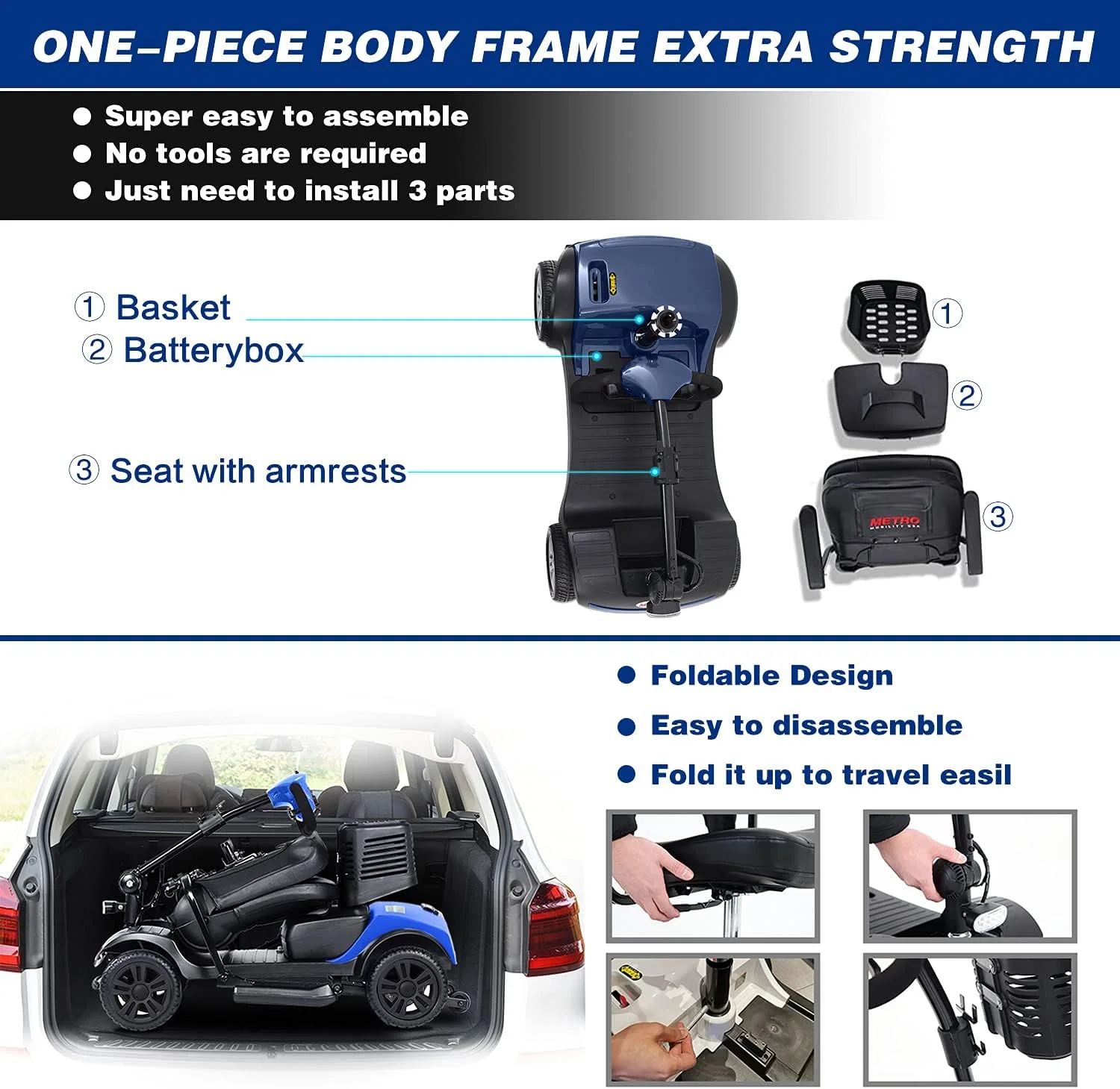 Outdoor Compact Mobility Scooter with Front & Back Light, Foldable Electric Powered Mobile Wheelchair for Seniors, Adults, Collapsible & Compact 4 Wheel Mobility Scooter for Travel with Family, Blue - Womvr