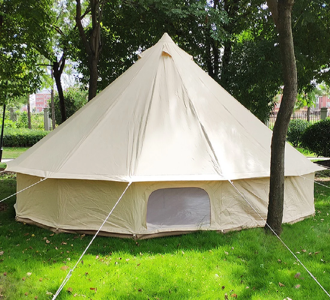 Teepee Tent Outdoor Waterproof 4-Season Family Camping Cotton Canvas Yurt Tent 4M/13.1ft Bell Tent With Stove Hole (Side Wall), For Family Glamping - Womvr