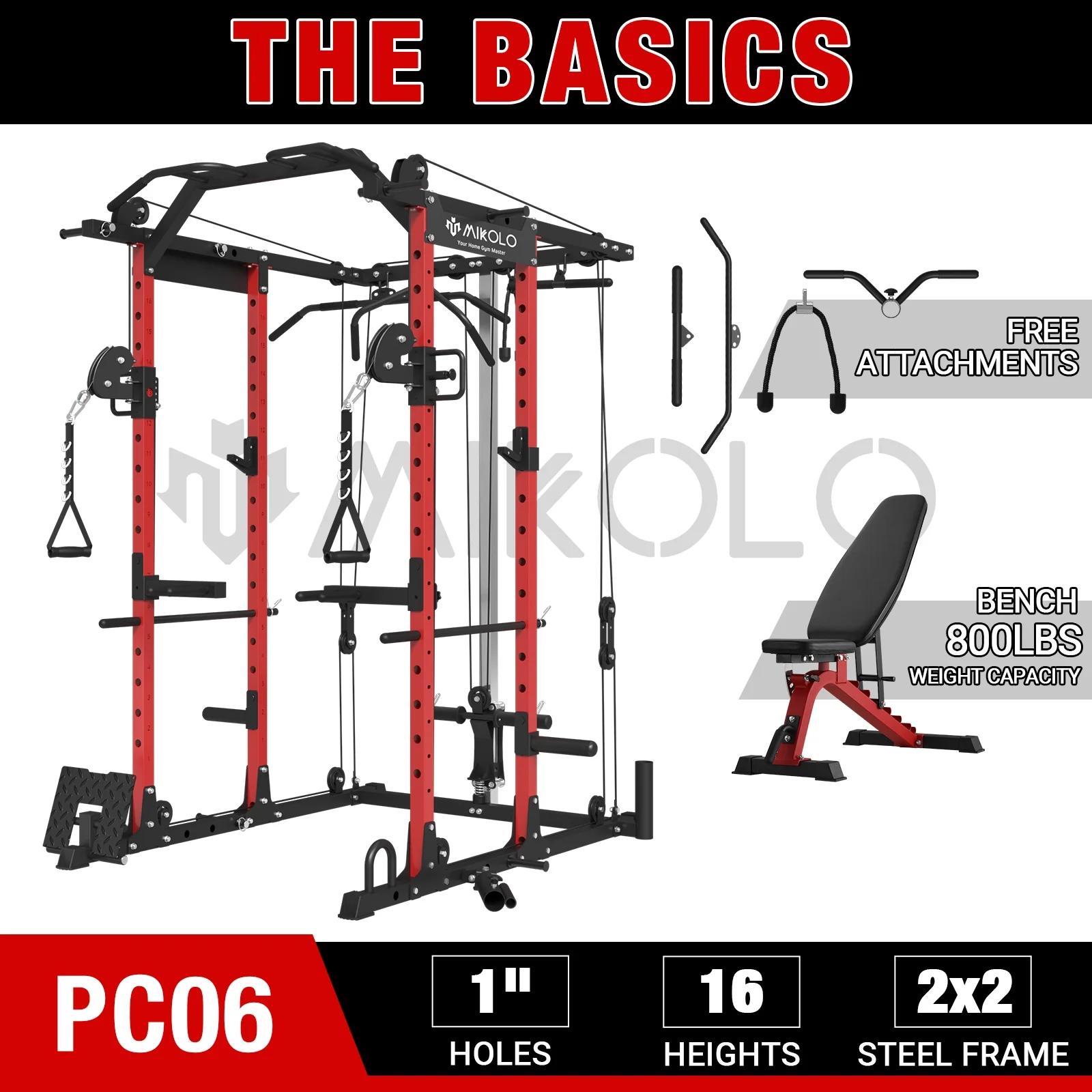 Mikolo Power Rack Cage, 1500 lbs Weight Rack with Cable Crossover Machine,Multi-Function Squat Rack with J Hooks,Dip Bars and Landmine for Home Gym (Red), Plate Loaded Machine - Womvr