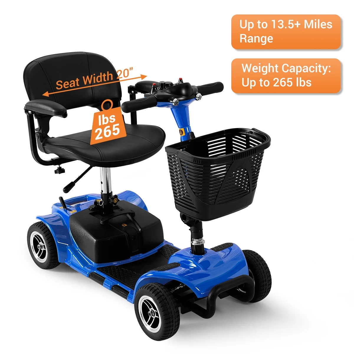 TEKAMON 4 Wheels Mobility Scooter - Portable Folding Power Electric Mobility Scooters for Seniors, Adults, Handicapped, Elderly - Range Extended Battery,Blue - Womvr