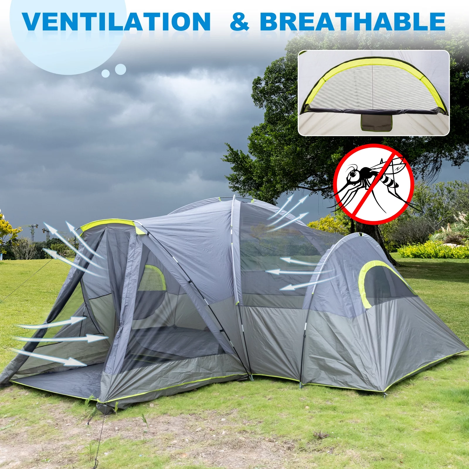 Zimtown Family Camping Tents 10 People Three Rooms Polyester Cloth Fiberglass Poles Dark Gray - Womvr