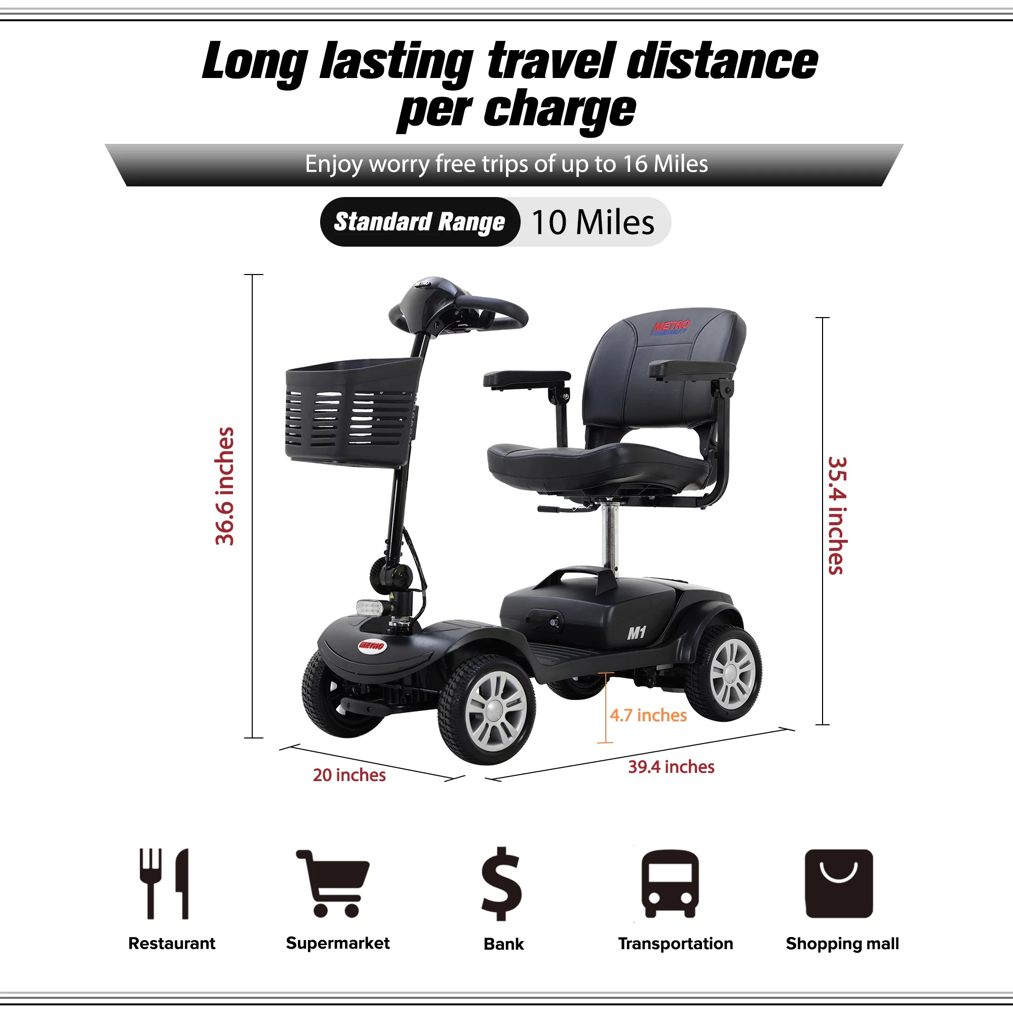 Electric Mobility Scooter for Adults and Seniors - 300 lbs Max Weight, 4-Wheel Powered Mobility Scooters Wheelchair Device for Travel, Elderly (with Head Light-White) - Womvr